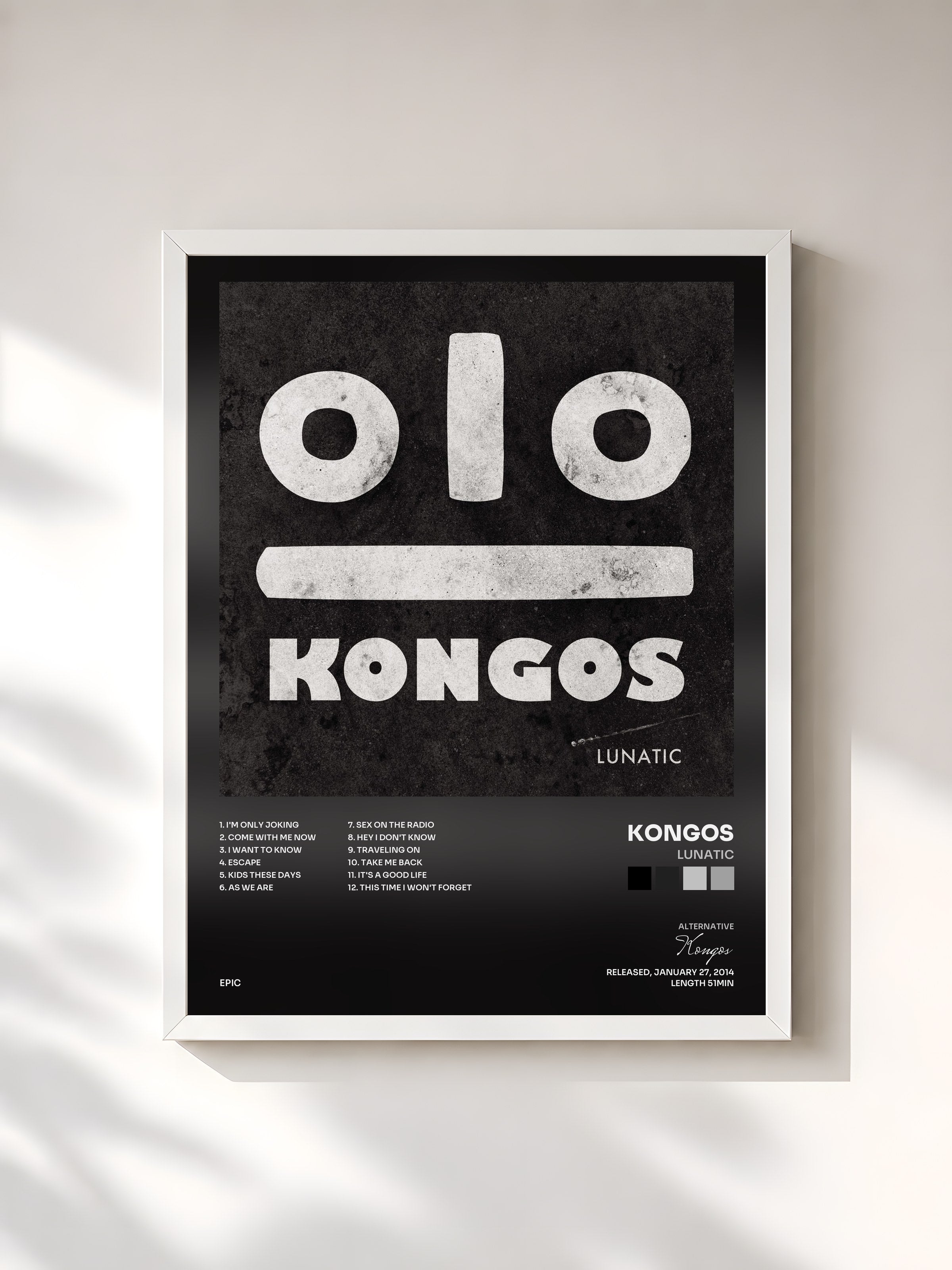 #blanc Tableau de l'album Lunatic de Kongos, cadre blanc, imprimé et encadré en France