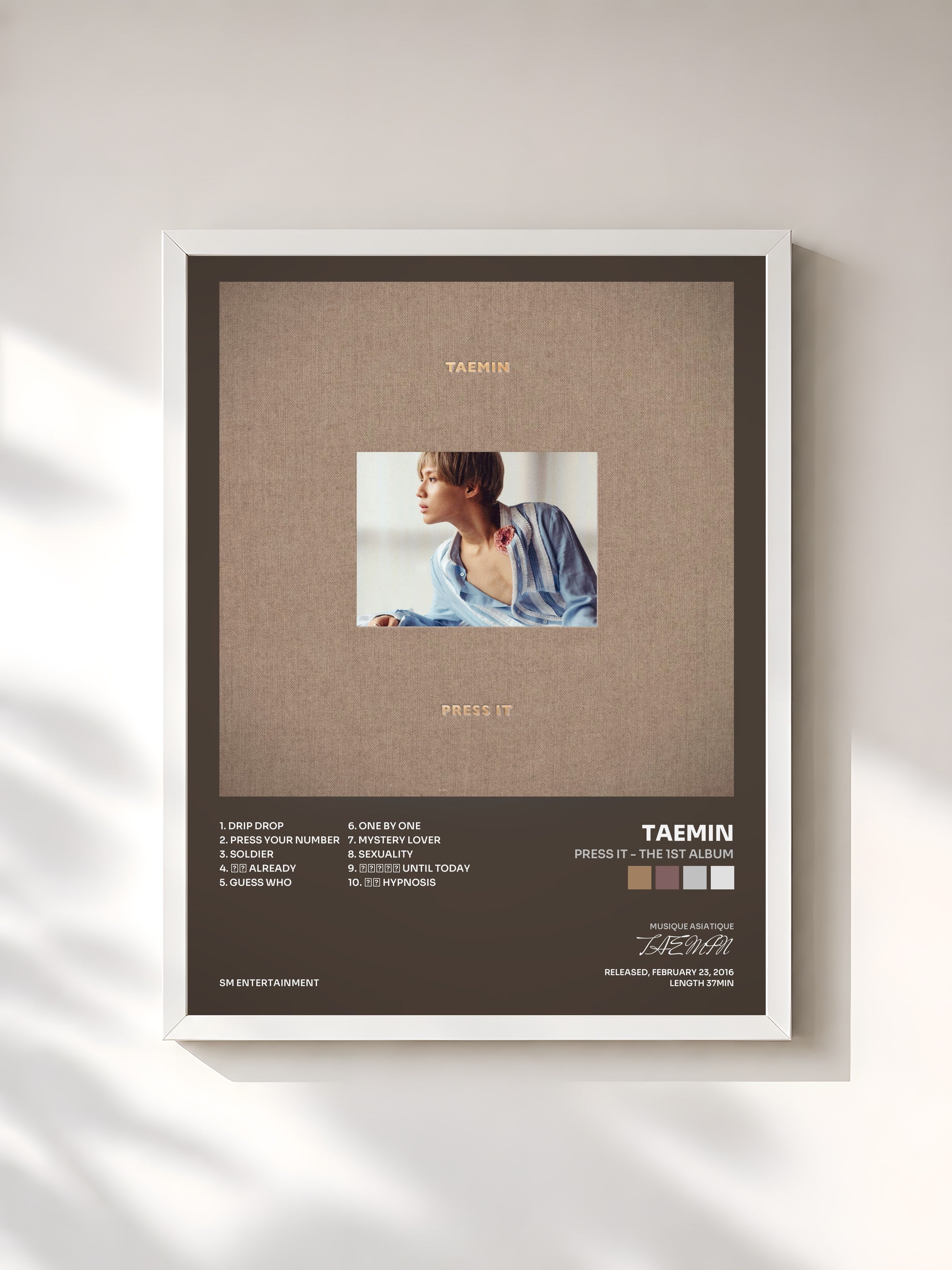 #blanc Tableau de l'album Press It - The 1st Album de TAEMIN, cadre blanc, imprimé et encadré en France