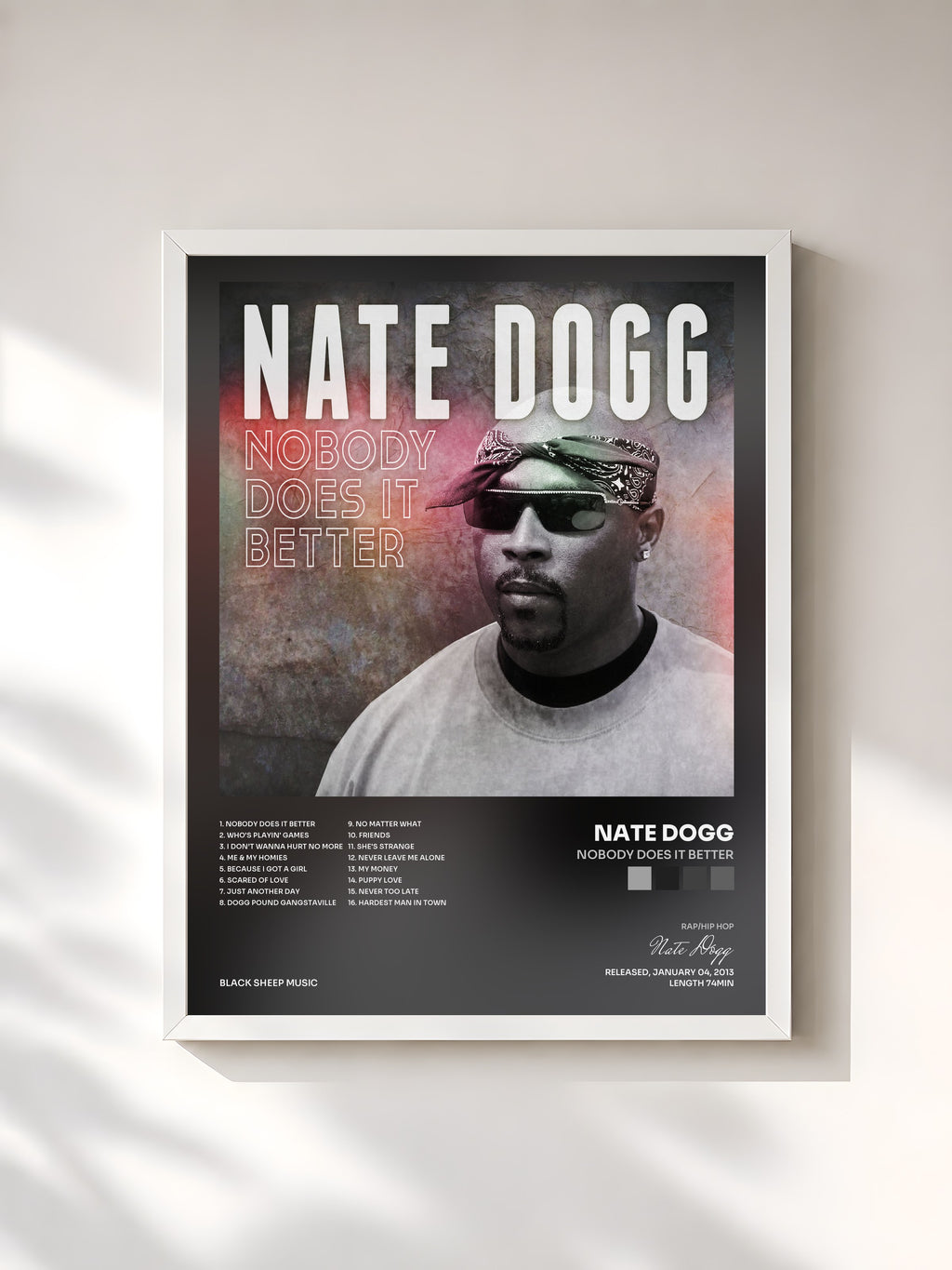 #blanc Tableau de l'album Nobody Does It Better de Nate Dogg, cadre blanc, imprimé et encadré en France