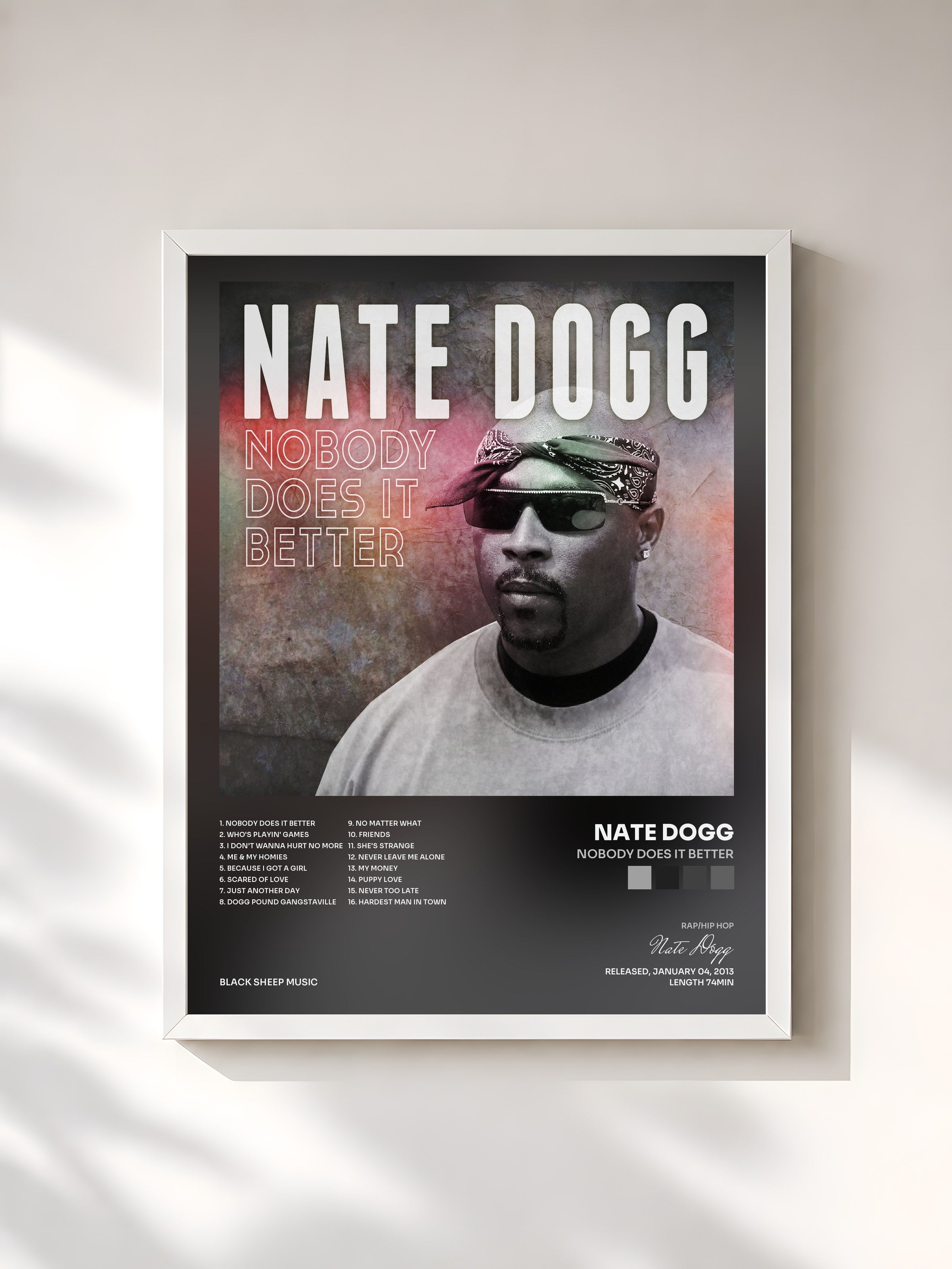 #blanc Tableau de l'album Nobody Does It Better de Nate Dogg, cadre blanc, imprimé et encadré en France