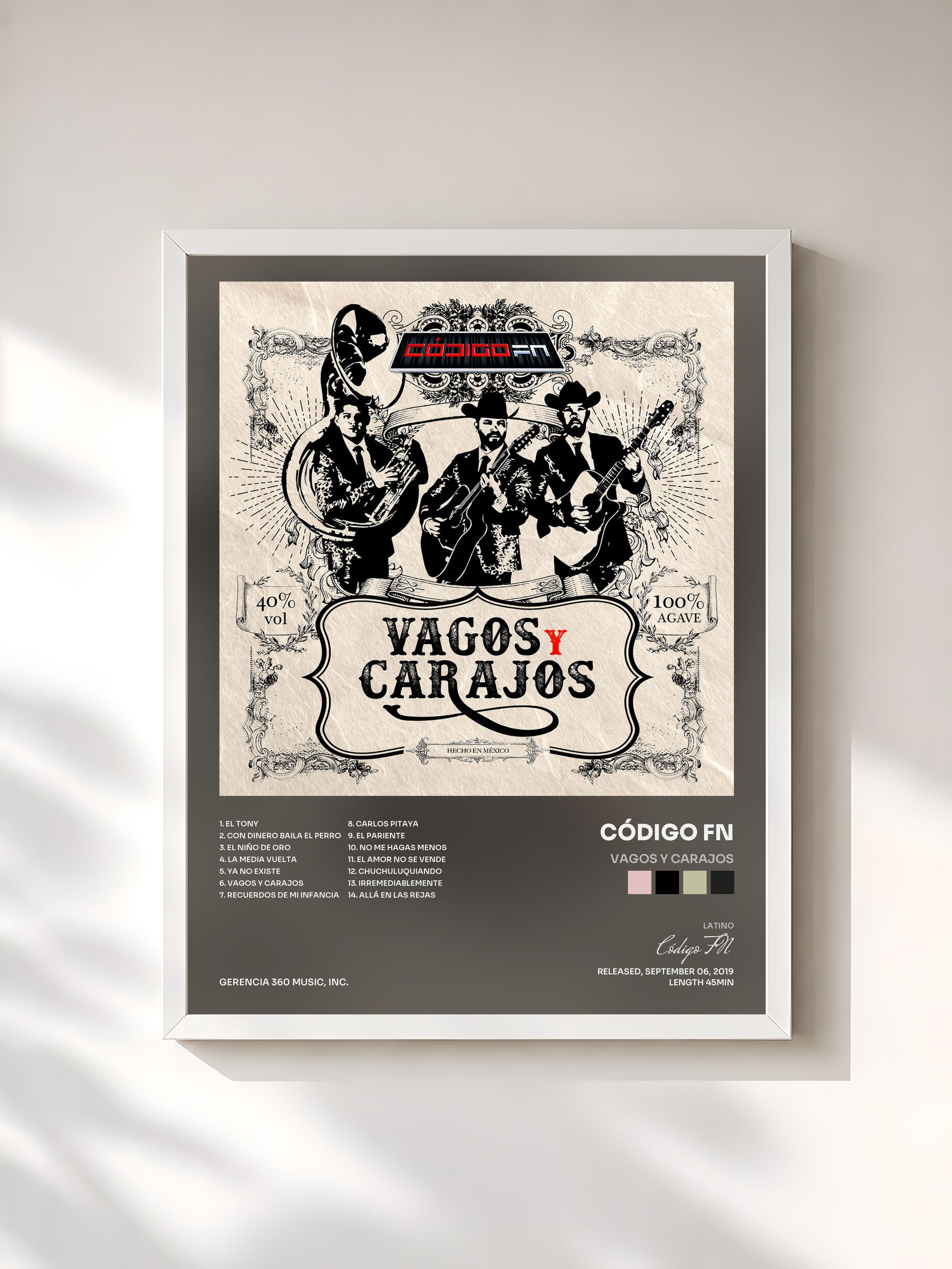 #blanc Tableau de l'album Vagos y Carajos de Código FN, cadre blanc, imprimé et encadré en France