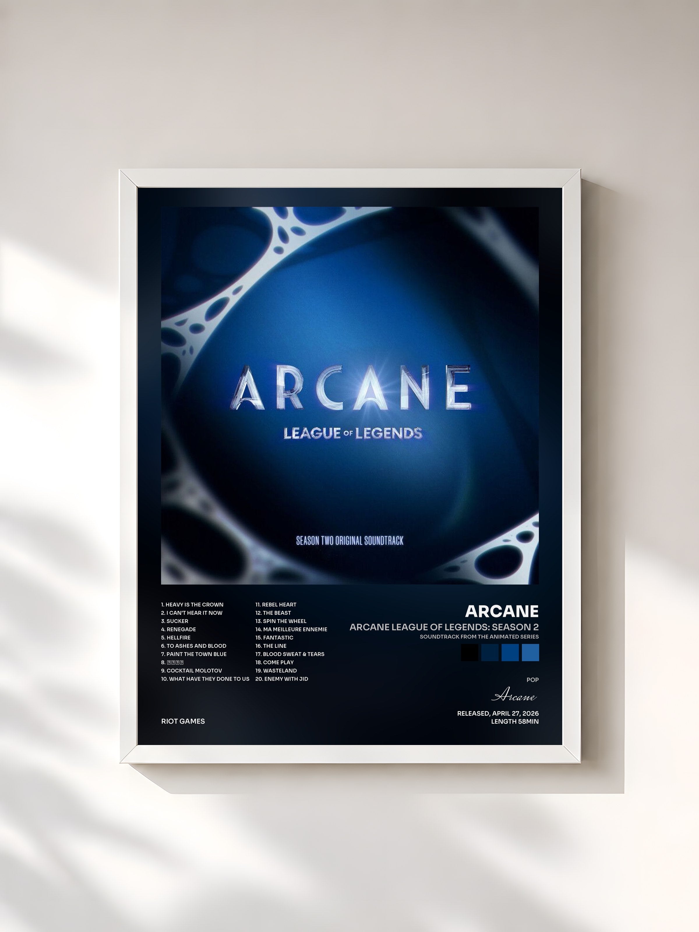 #blanc Tableau de l'album Arcane League of Legends: Season 2 (Soundtrack from the Animated Series) de Arcane, cadre blanc, imprimé et encadré en France
