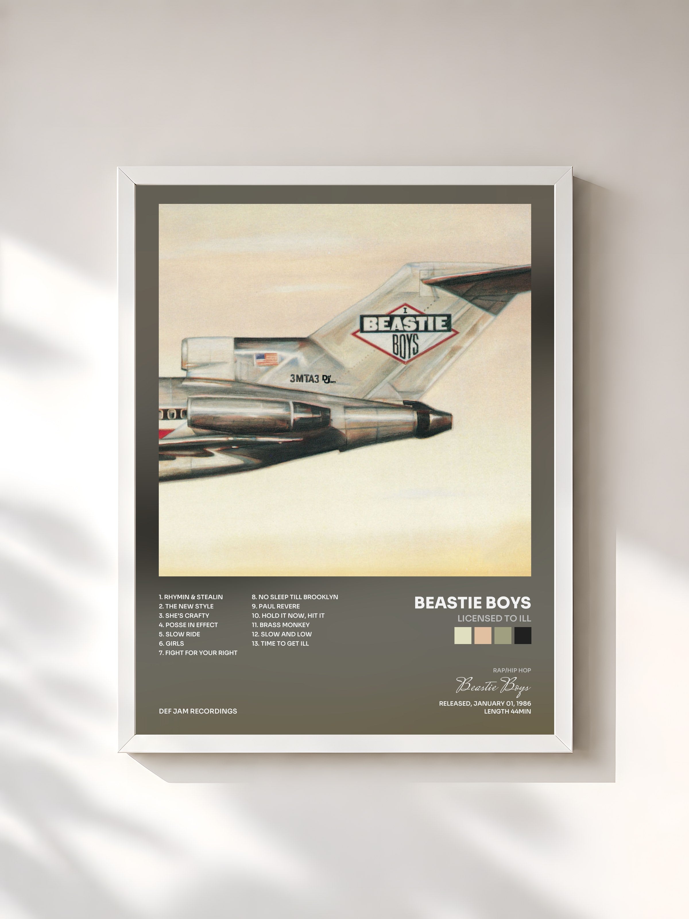 #blanc Tableau de l'album Licensed To Ill de Beastie Boys, cadre blanc, imprimé et encadré en France