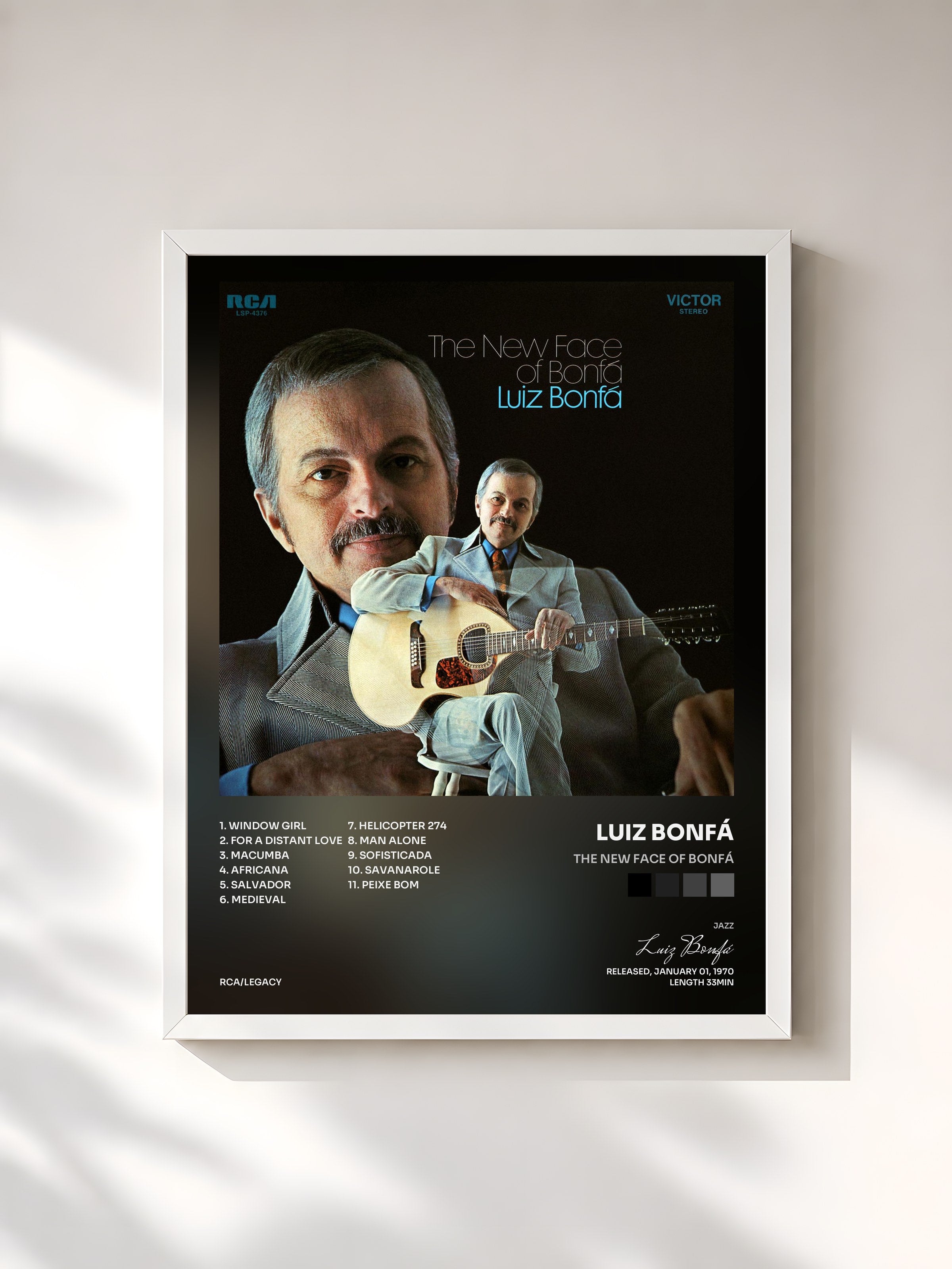 #blanc Tableau de l'album The New Face of Bonfá de Luiz Bonfá, cadre blanc, imprimé et encadré en France