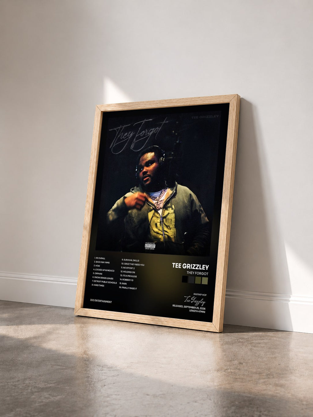 #bois Tableau de l'album They Forgot de Tee Grizzley vu de trois quarts, cadre en bois brut