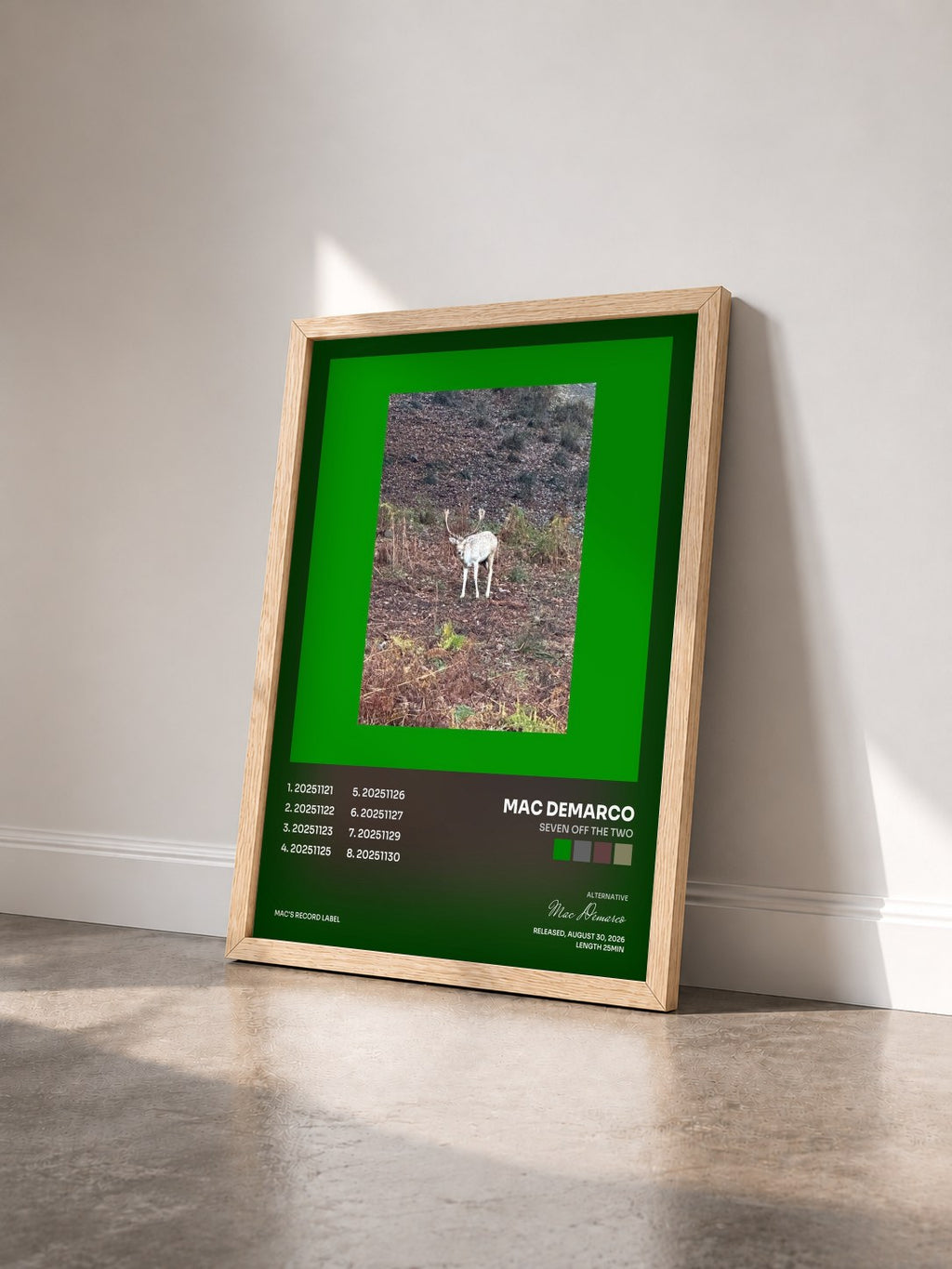 #bois Tableau de l'album Seven Off The Two de Mac Demarco vu de trois quarts, cadre en bois brut