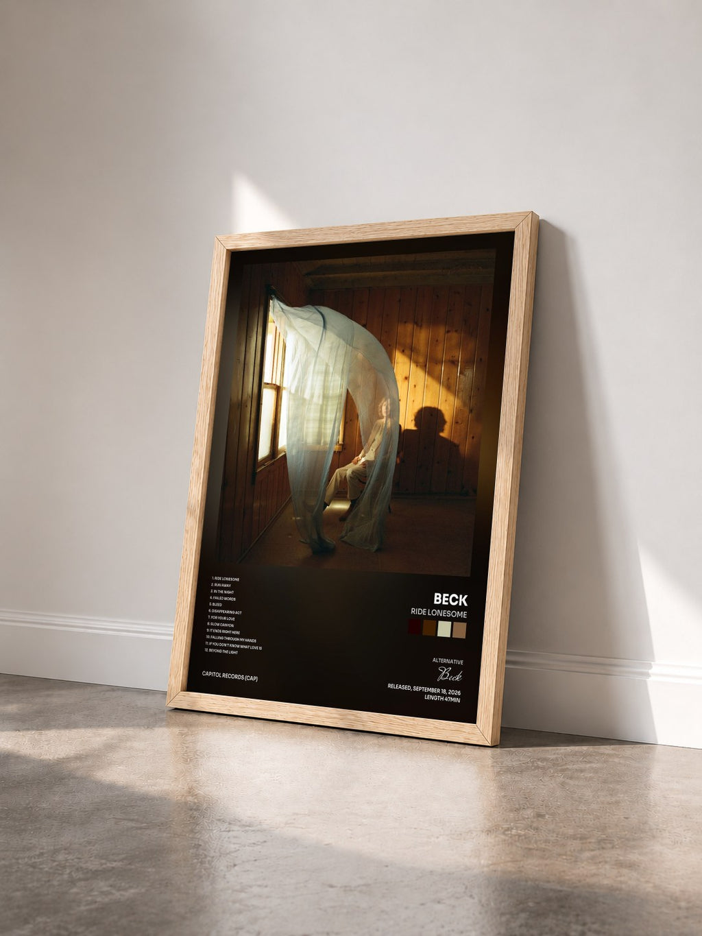 #bois Tableau de l'album Ride Lonesome de Beck vu de trois quarts, cadre en bois brut