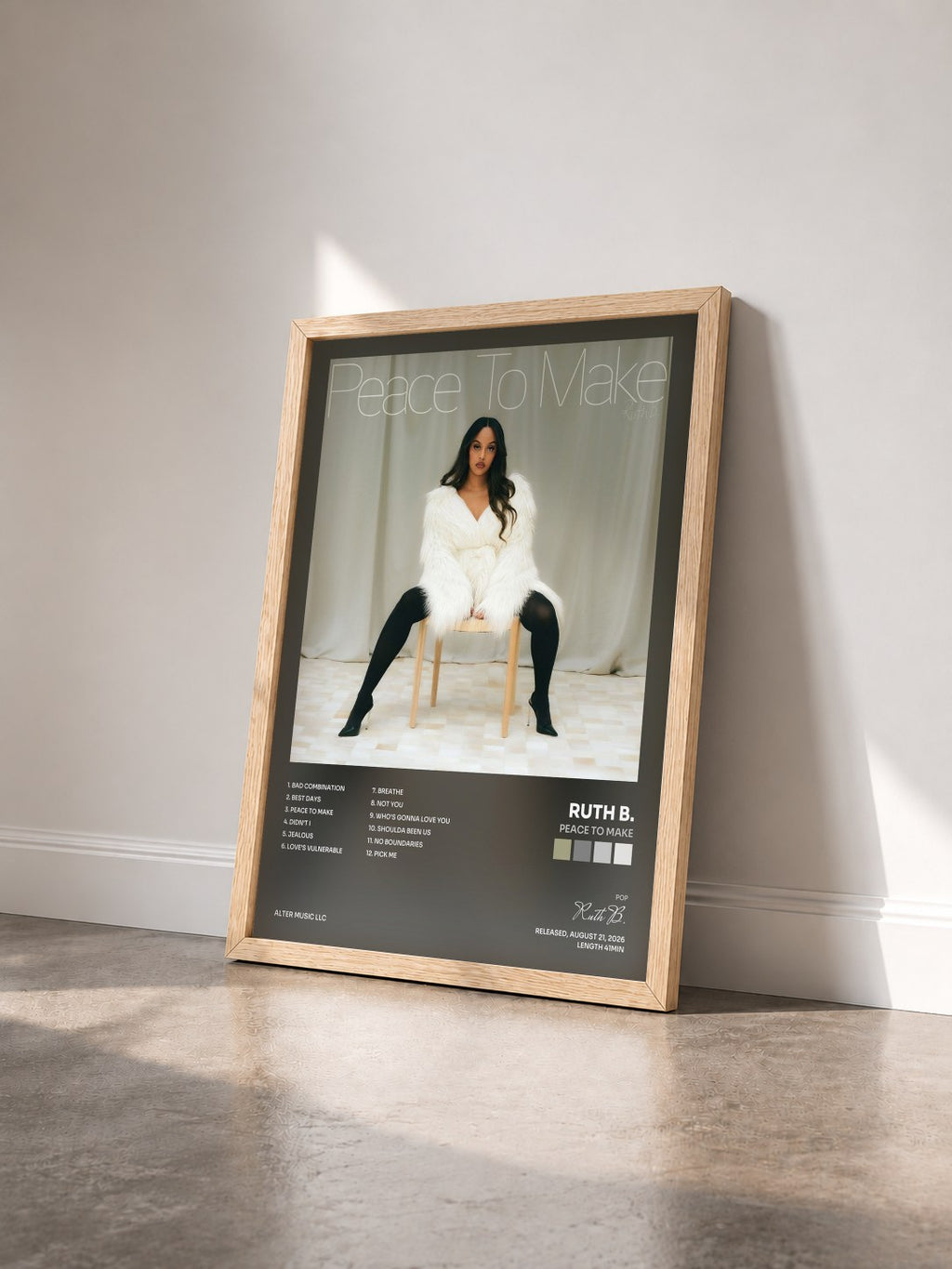 #bois Tableau de l'album Peace To Make de Ruth B. vu de trois quarts, cadre en bois brut