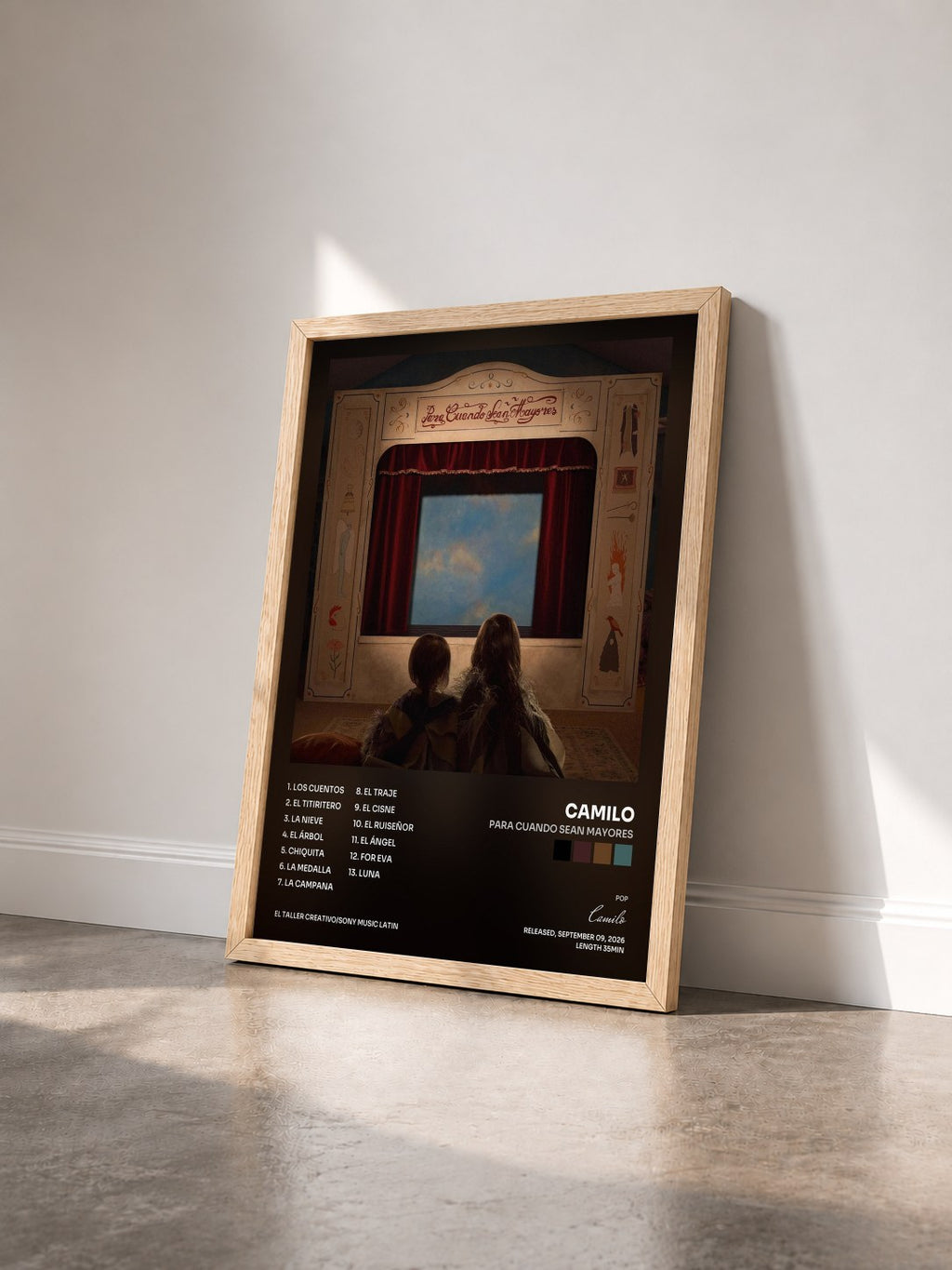 #bois Tableau de l'album Para Cuando Sean Mayores de Camilo vu de trois quarts, cadre en bois brut