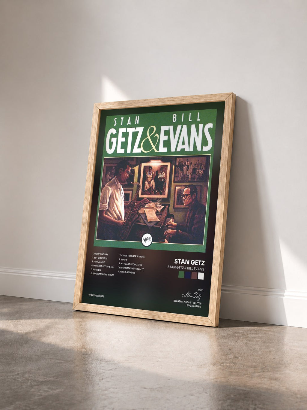 #bois Tableau de l'album Stan Getz & Bill Evans de Stan Getz vu de trois quarts, cadre en bois brut