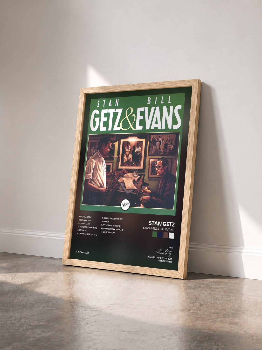 #bois Tableau de l'album Stan Getz & Bill Evans de Stan Getz vu de trois quarts, cadre en bois brut