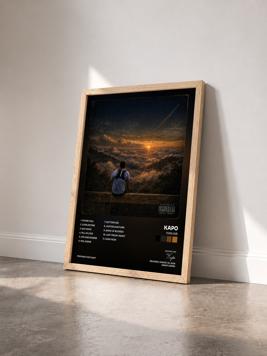 #bois Tableau de l'album Thin Air de Kapo vu de trois quarts, cadre en bois brut