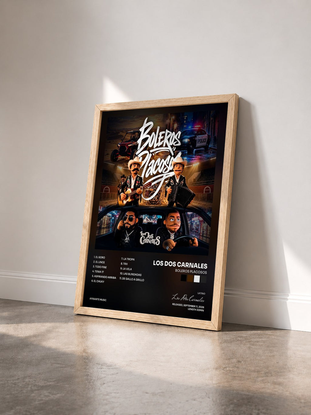 #bois Tableau de l'album Boleros Placosos de Los Dos Carnales vu de trois quarts, cadre en bois brut