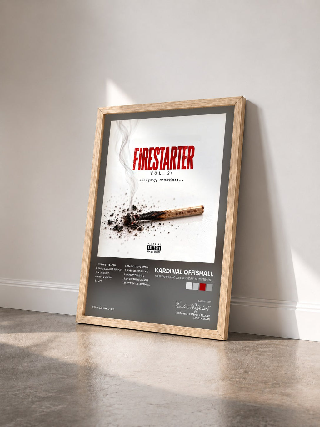 #bois Tableau de l'album Firestarter Vol 2: Everyday, Sometimes… de Kardinal Offishall vu de trois quarts, cadre en bois brut