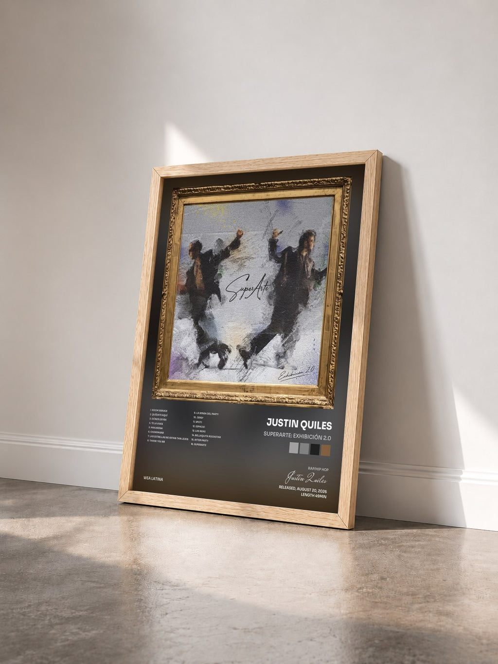 #bois Tableau de l'album SUPERARTE: EXHIBICIÓN 2.0 de Justin Quiles vu de trois quarts, cadre en bois brut