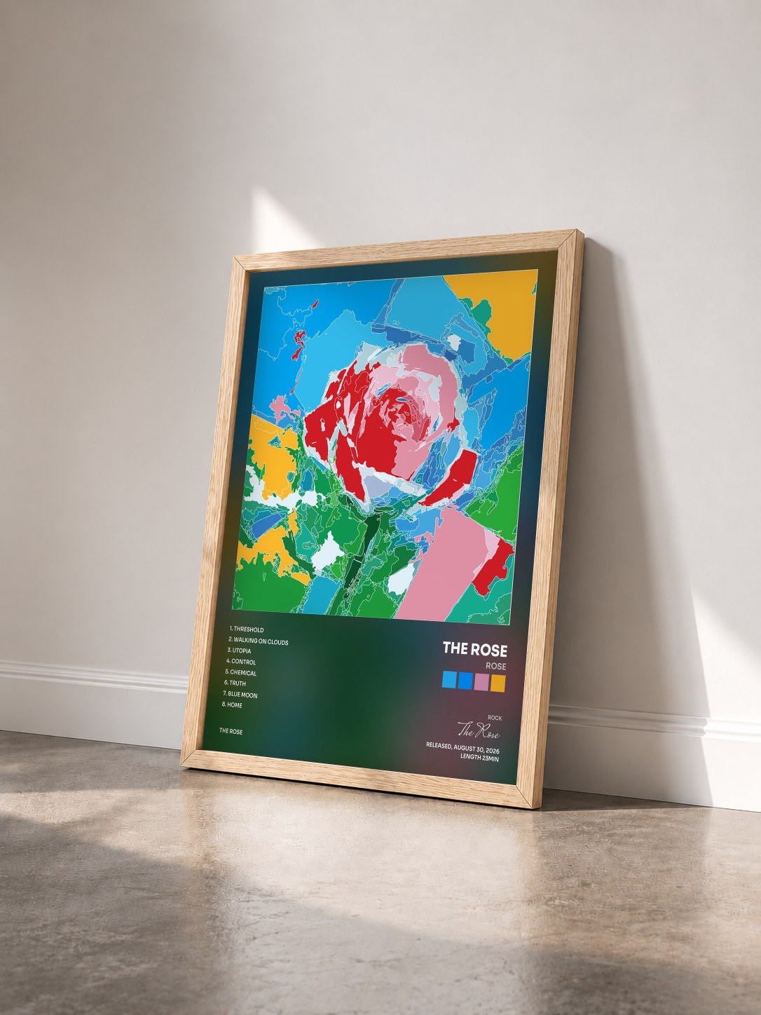 #bois Tableau de l'album ROSE de The Rose vu de trois quarts, cadre en bois brut