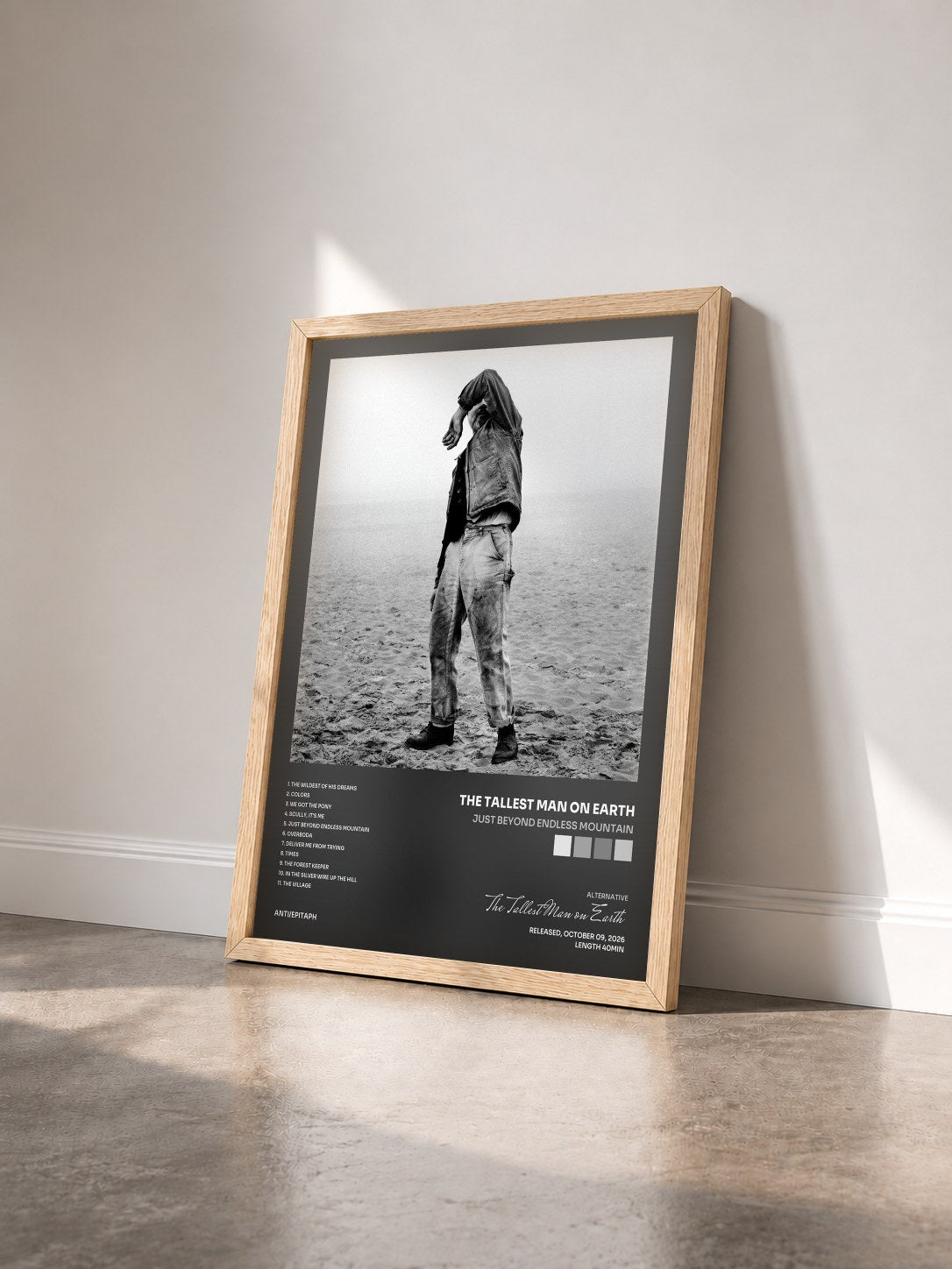 #bois Tableau de l'album Just Beyond Endless Mountain de The Tallest Man on Earth vu de trois quarts, cadre en bois brut