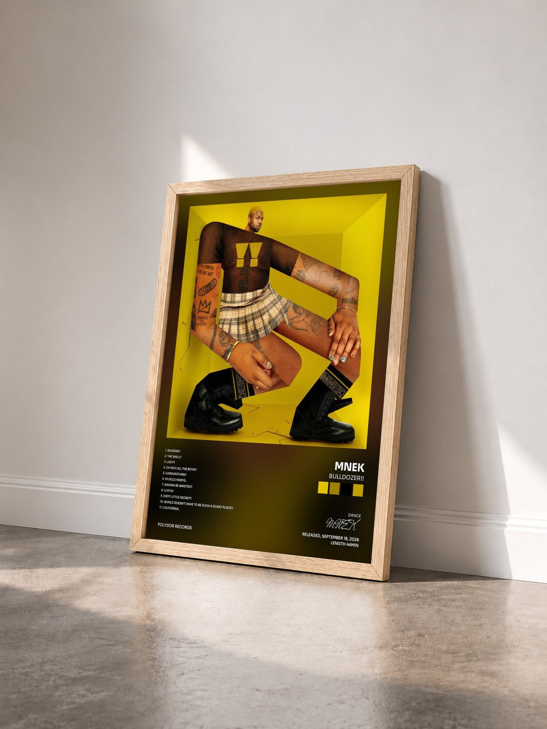 #bois Tableau de l'album BULLDOZER!! de MNEK vu de trois quarts, cadre en bois brut