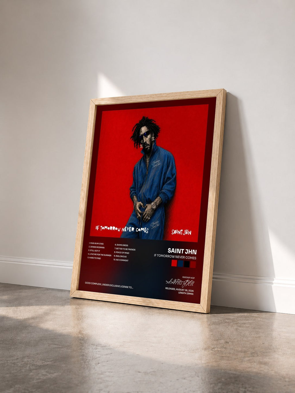 #bois Tableau de l'album If Tomorrow Never Comes de SAINt JHN vu de trois quarts, cadre en bois brut