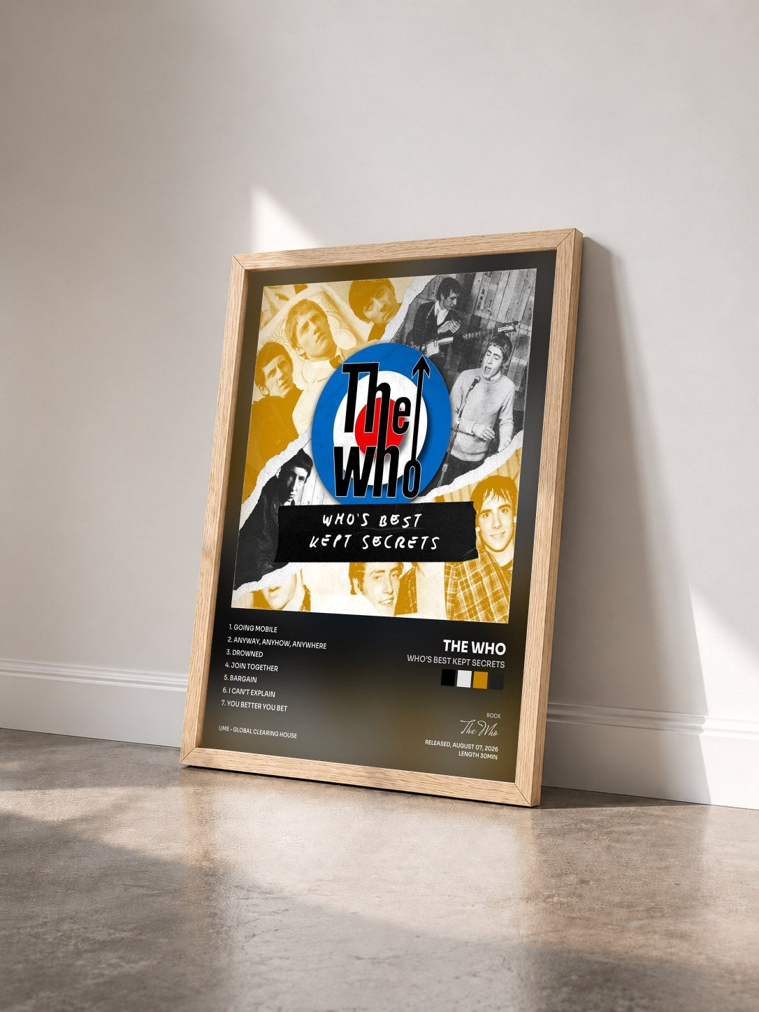#bois Tableau de l'album Who’s Best Kept Secrets de The Who vu de trois quarts, cadre en bois brut