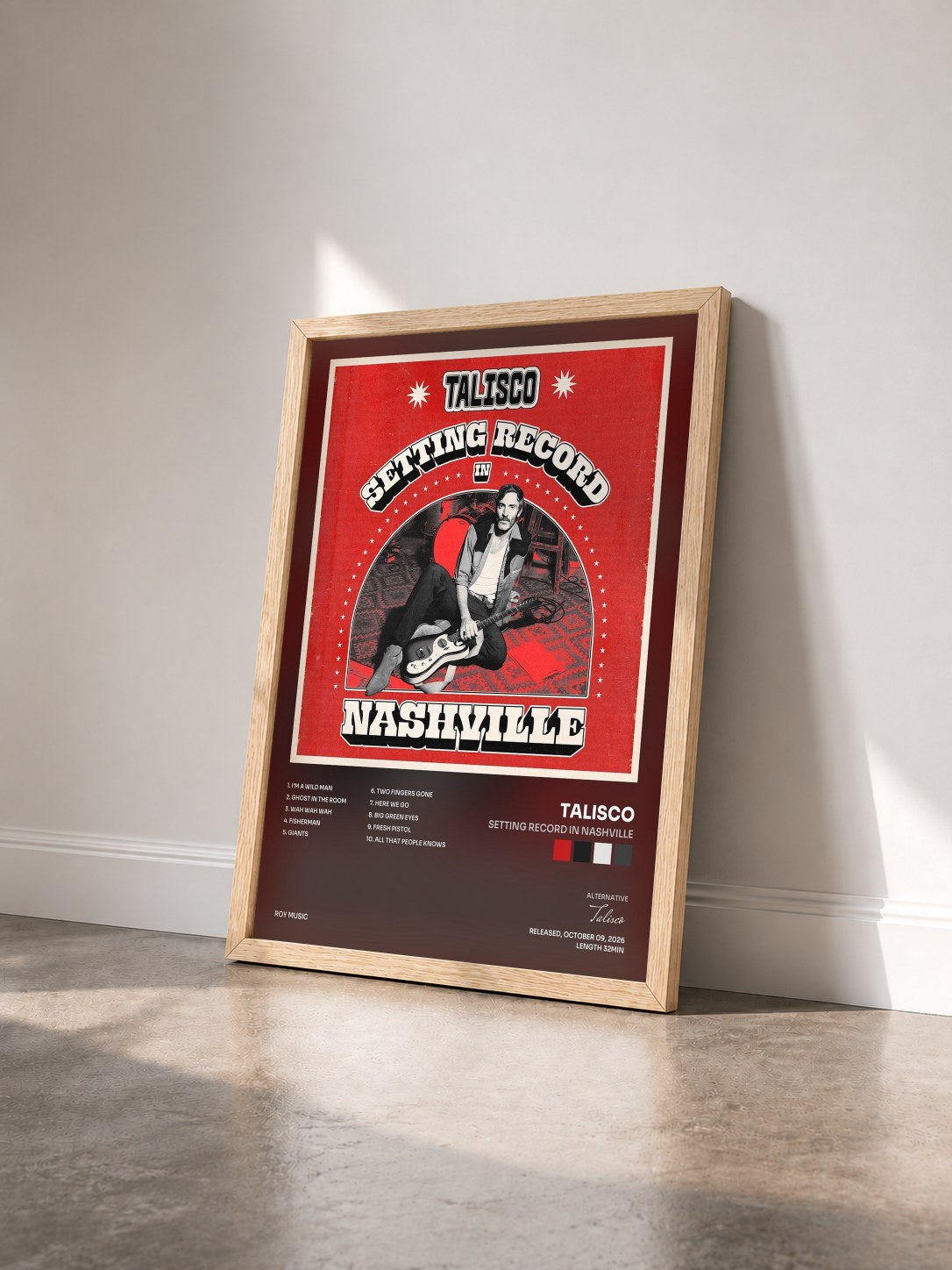 #bois Tableau de l'album Setting Record in Nashville de Talisco vu de trois quarts, cadre en bois brut