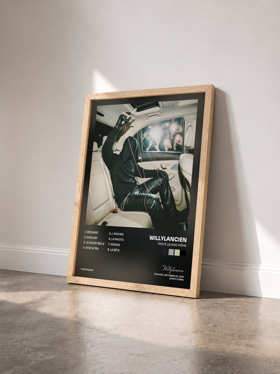 #bois Tableau de l'album triste quand même de Willylancien vu de trois quarts, cadre en bois brut
