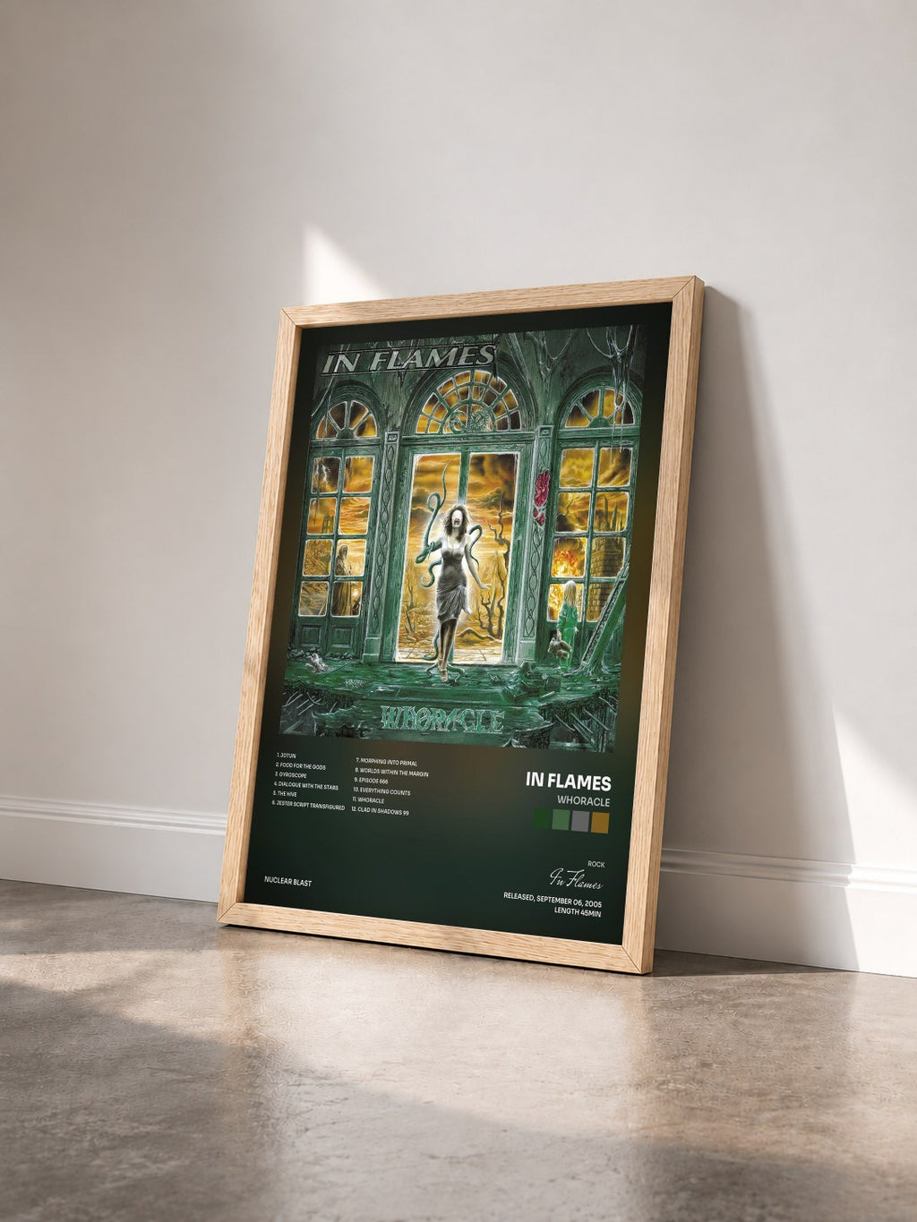 #bois Tableau de l'album Whoracle de In Flames vu de trois quarts, cadre en bois brut