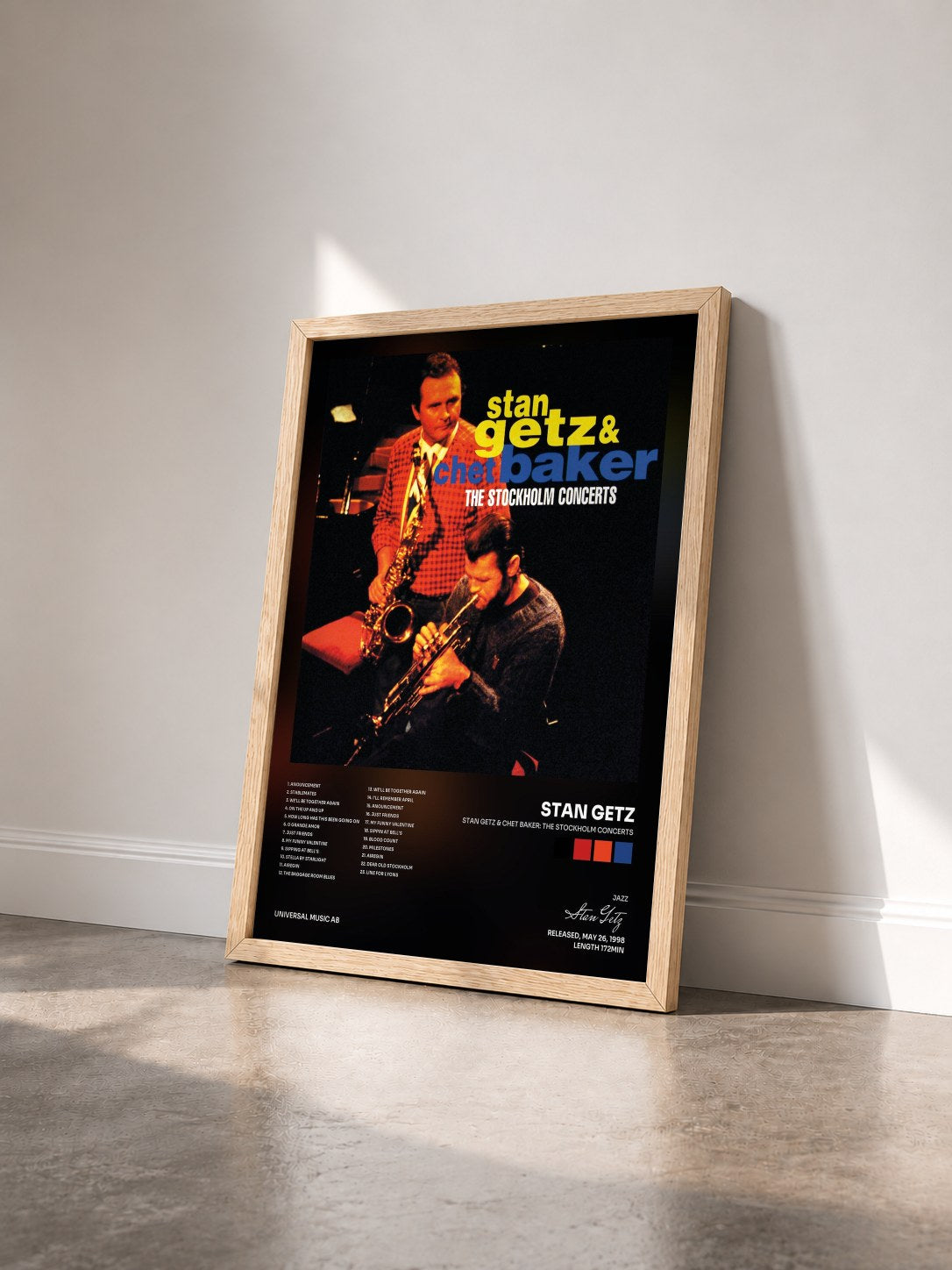 #bois Tableau de l'album Stan Getz & Chet Baker: The Stockholm Concerts de Stan Getz vu de trois quarts, cadre en bois brut