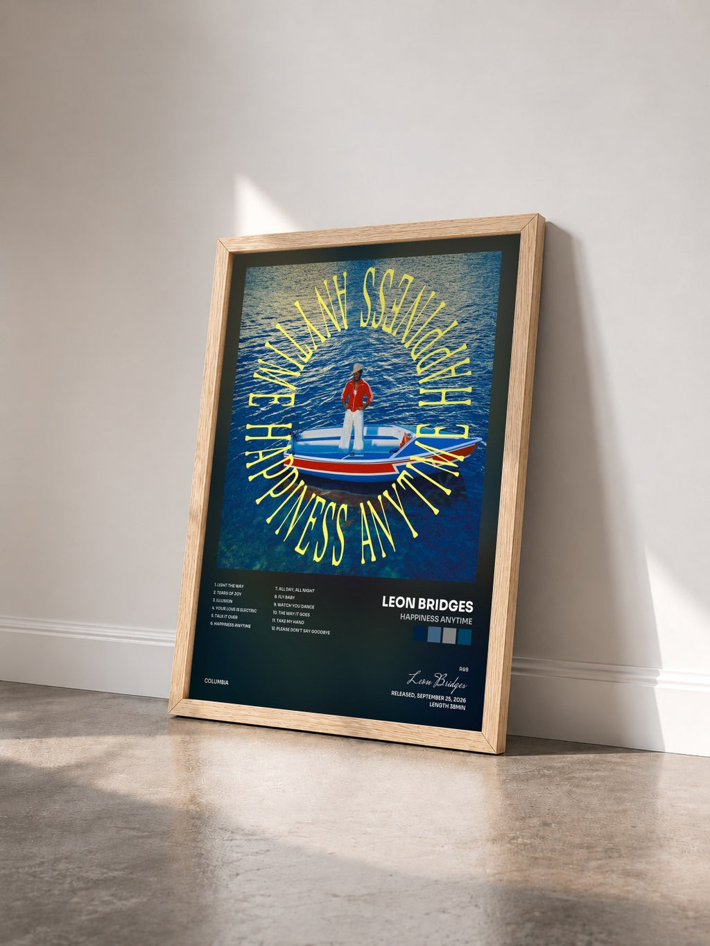 #bois Tableau de l'album Happiness Anytime de Leon Bridges vu de trois quarts, cadre en bois brut