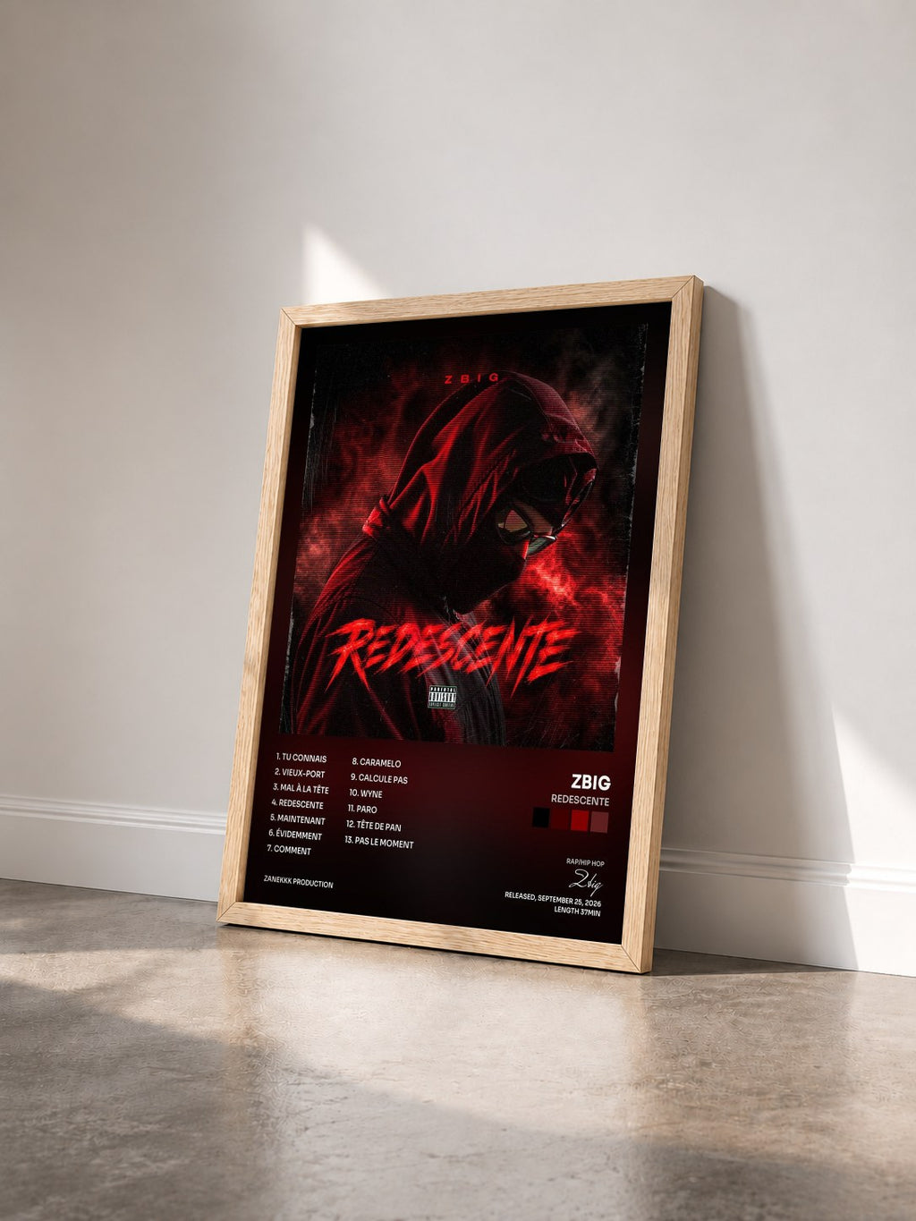 #bois Tableau de l'album REDESCENTE de Zbig vu de trois quarts, cadre en bois brut