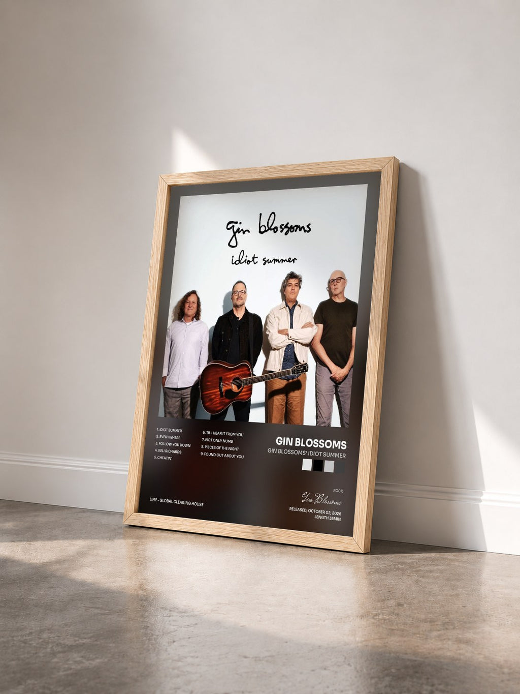 #bois Tableau de l'album Gin Blossoms' Idiot Summer de Gin Blossoms vu de trois quarts, cadre en bois brut