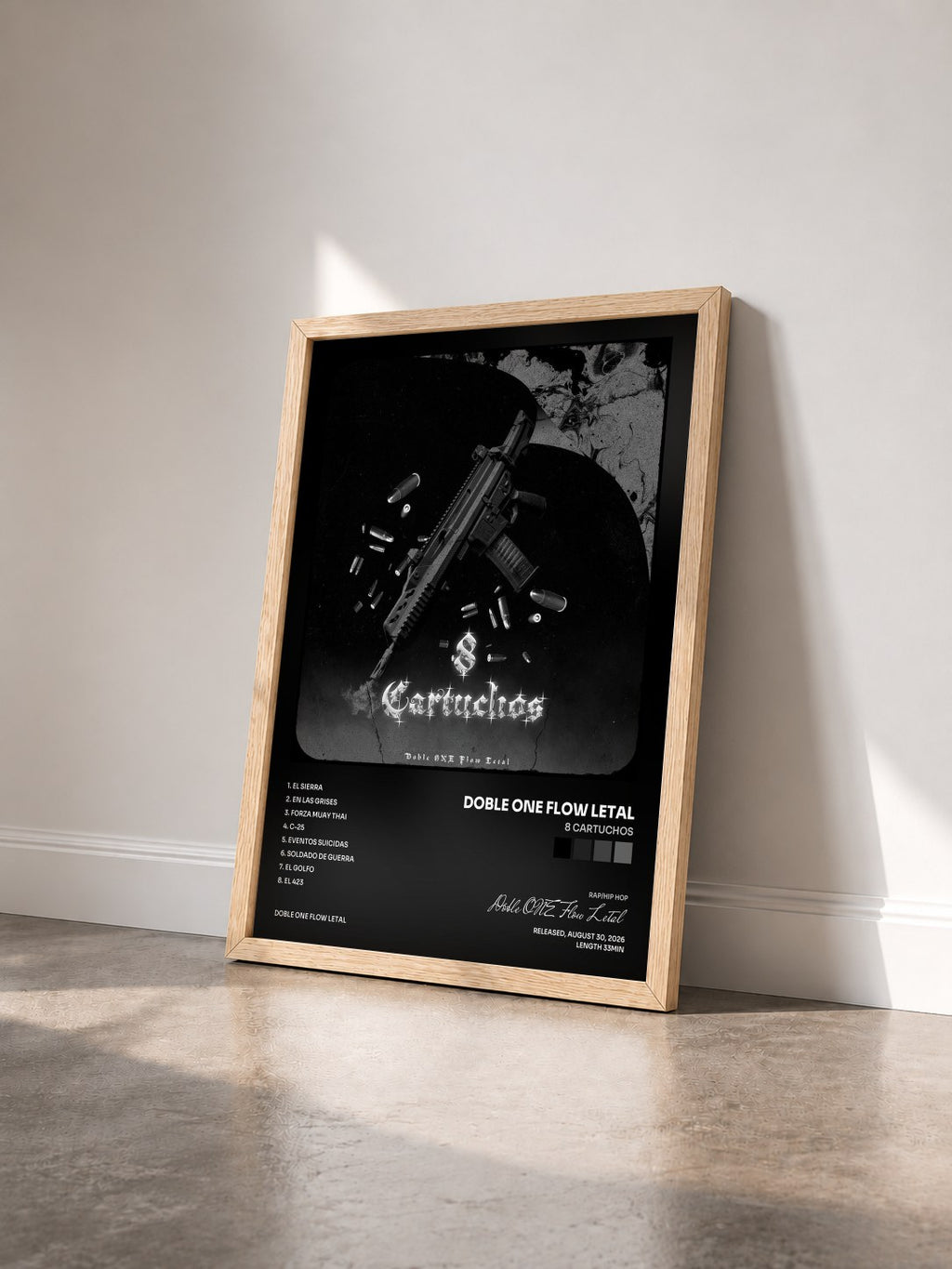 #bois Tableau de l'album 8 Cartuchos de Doble ONE Flow Letal vu de trois quarts, cadre en bois brut