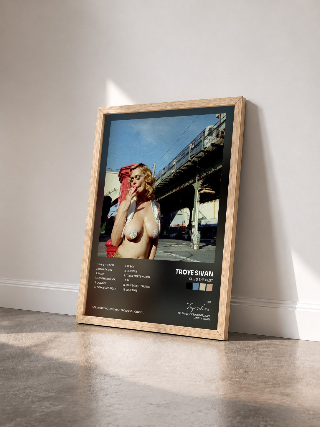 #bois Tableau de l'album She’s the Best de Troye Sivan vu de trois quarts, cadre en bois brut