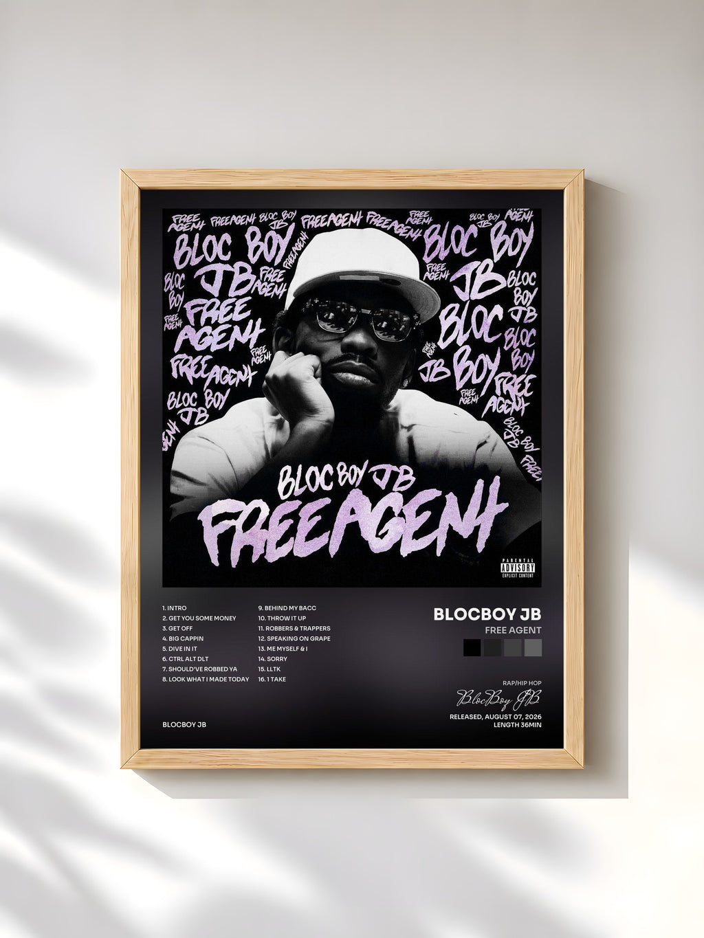 #bois Tableau de l'album Free Agent de BlocBoy JB, cadre en bois brut, imprimé et encadré en France