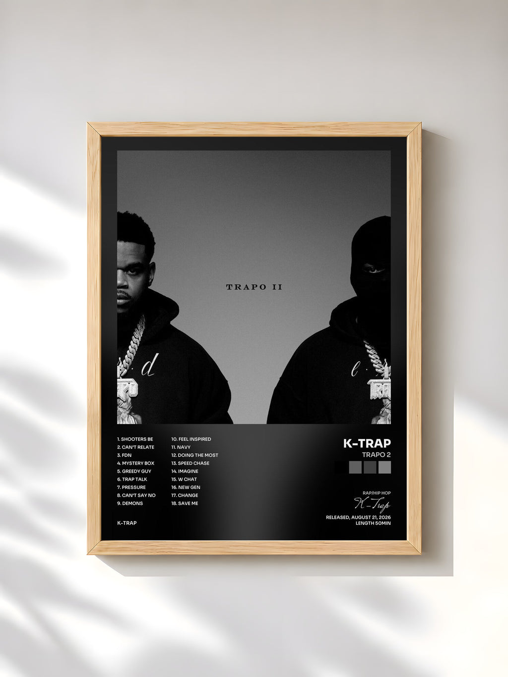 #bois Tableau de l'album TRAPO 2 de K-Trap, cadre en bois brut, imprimé et encadré en France