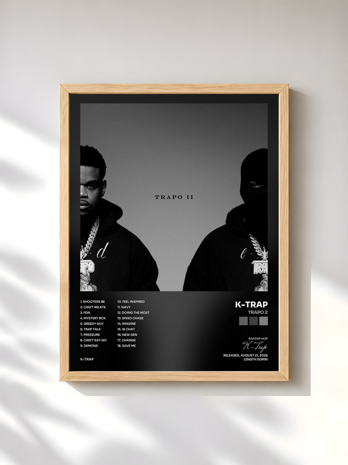 #bois Tableau de l'album TRAPO 2 de K-Trap, cadre en bois brut, imprimé et encadré en France