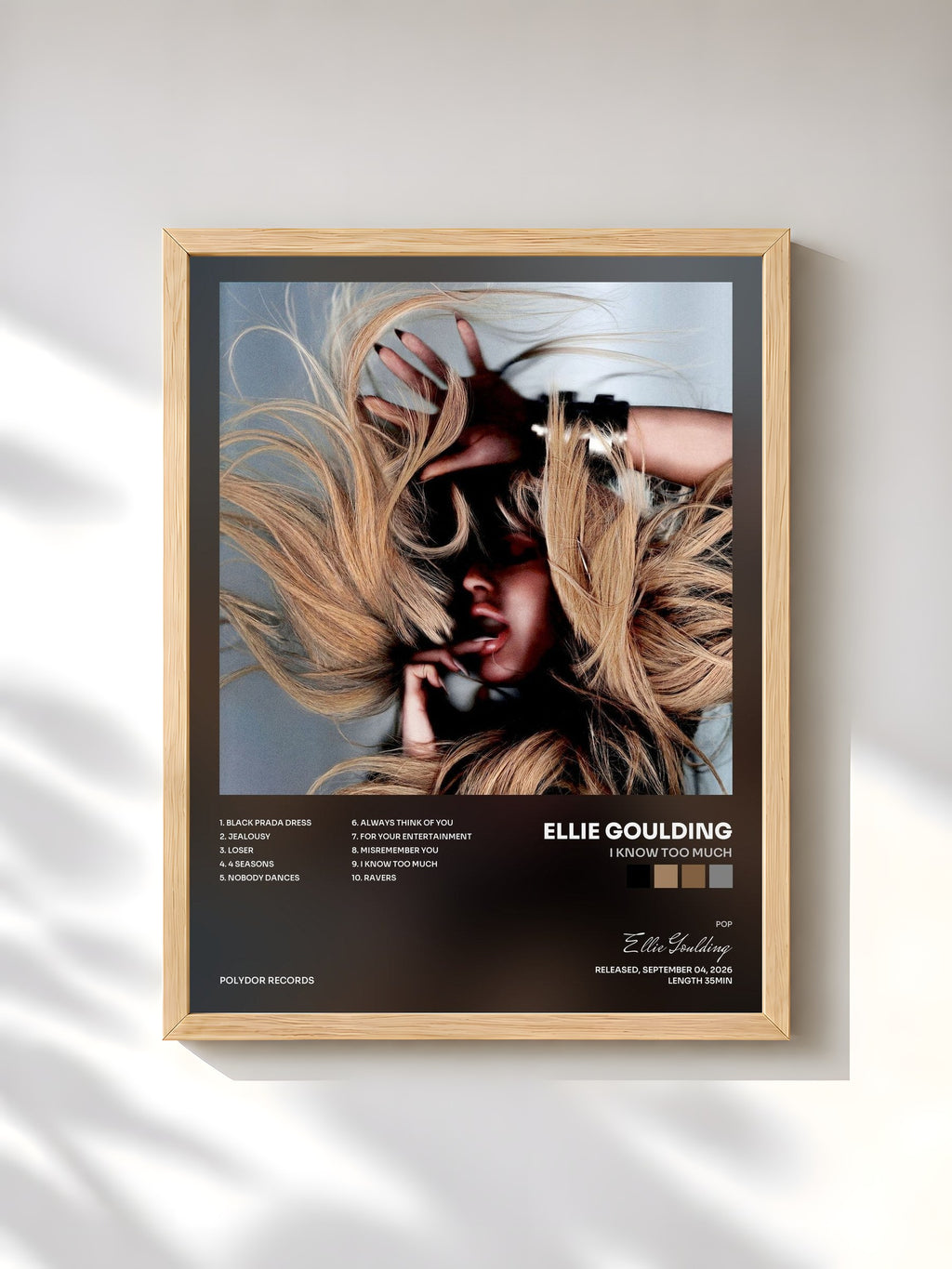 #bois Tableau de l'album I Know Too Much de Ellie Goulding, cadre en bois brut, imprimé et encadré en France