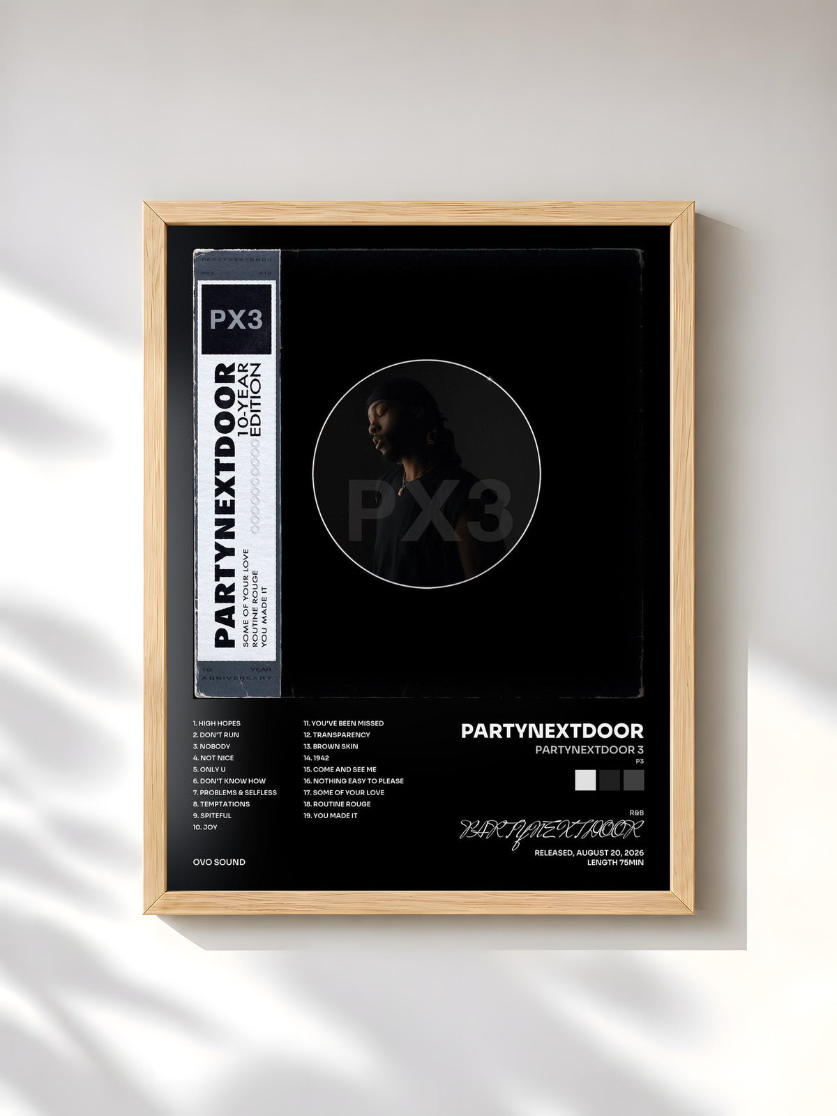 #bois Tableau de l'album PARTYNEXTDOOR 3 (P3) [10-YEAR EDITION] de PARTYNEXTDOOR, cadre en bois brut, imprimé et encadré en France