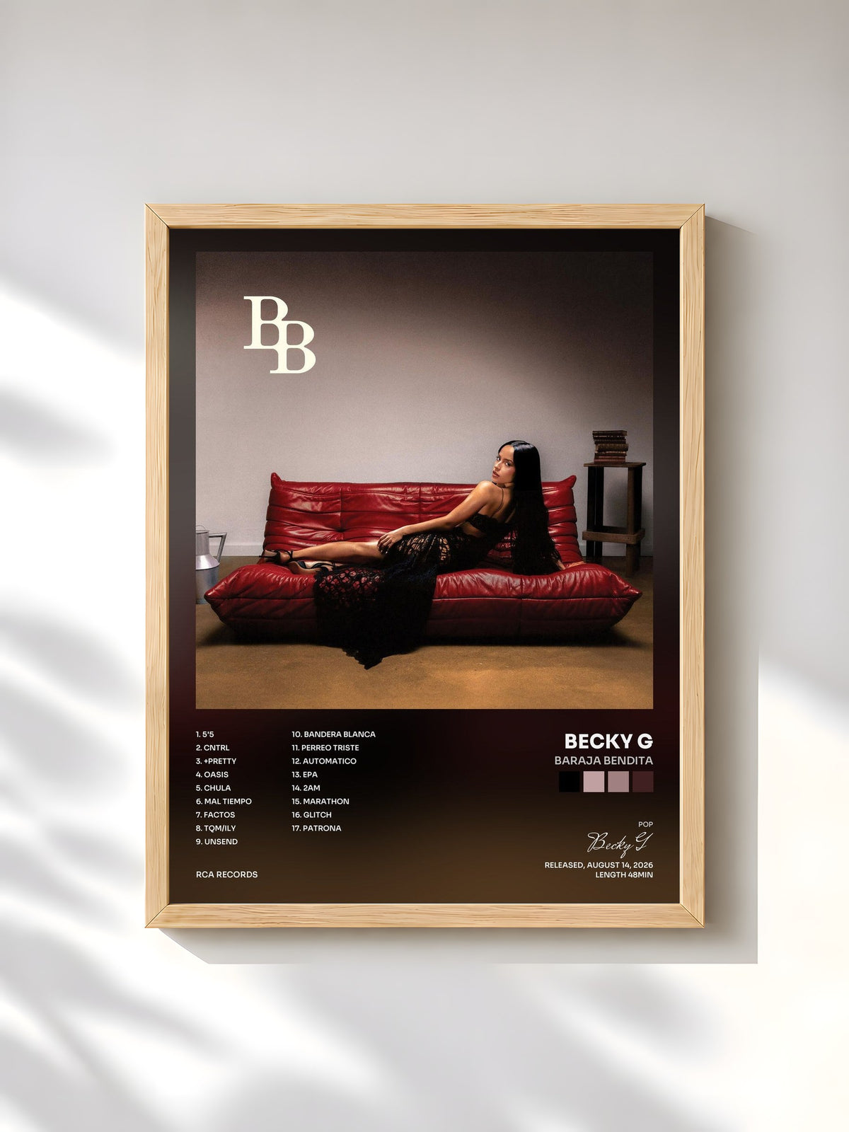 #bois Tableau de l'album BARAJA BENDITA de Becky G, cadre en bois brut, imprimé et encadré en France