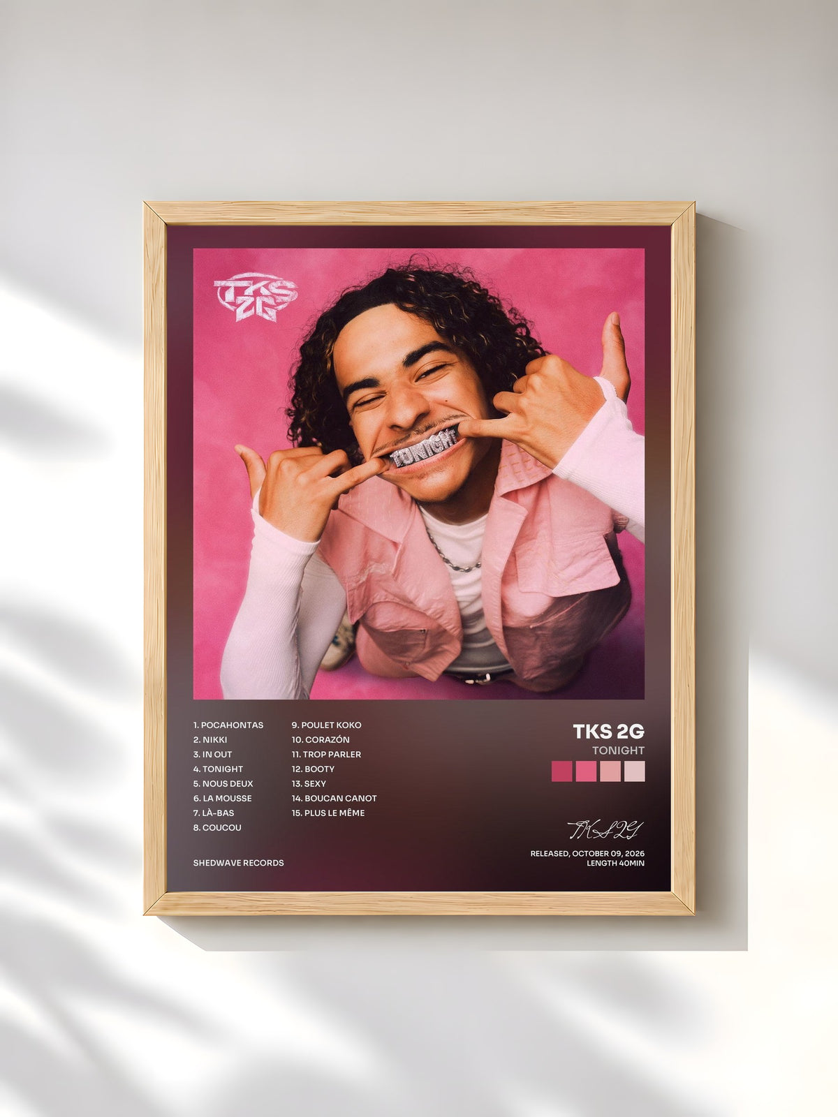 #bois Tableau de l'album TONIGHT de TKS 2G, cadre en bois brut, imprimé et encadré en France