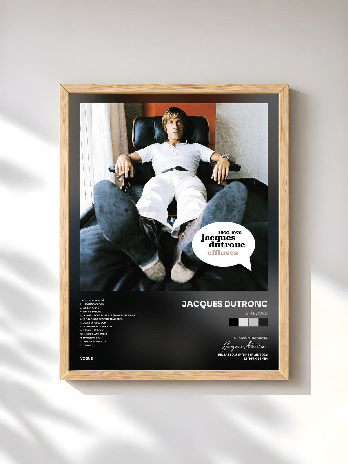#bois Tableau de l'album Effluves de Jacques Dutronc, cadre en bois brut, imprimé et encadré en France