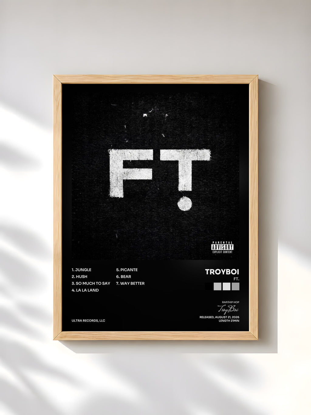 #bois Tableau de l'album FT. de TroyBoi, cadre en bois brut, imprimé et encadré en France