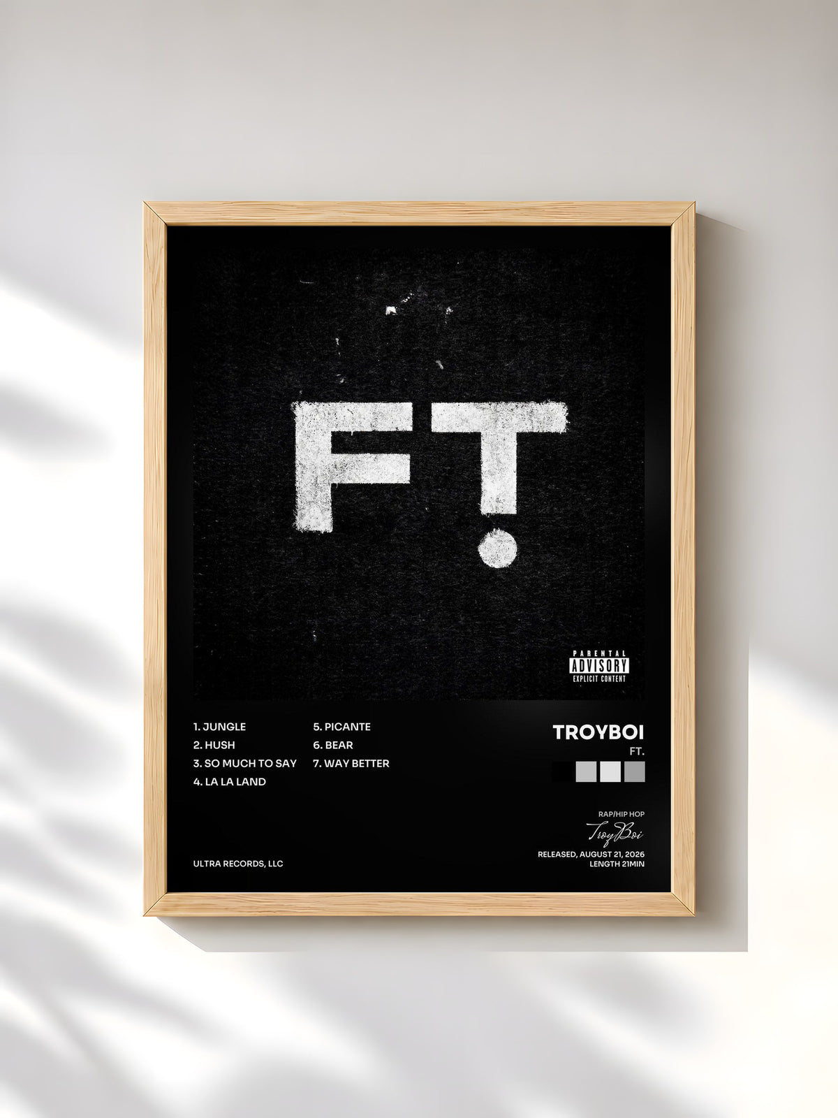 #bois Tableau de l'album FT. de TroyBoi, cadre en bois brut, imprimé et encadré en France