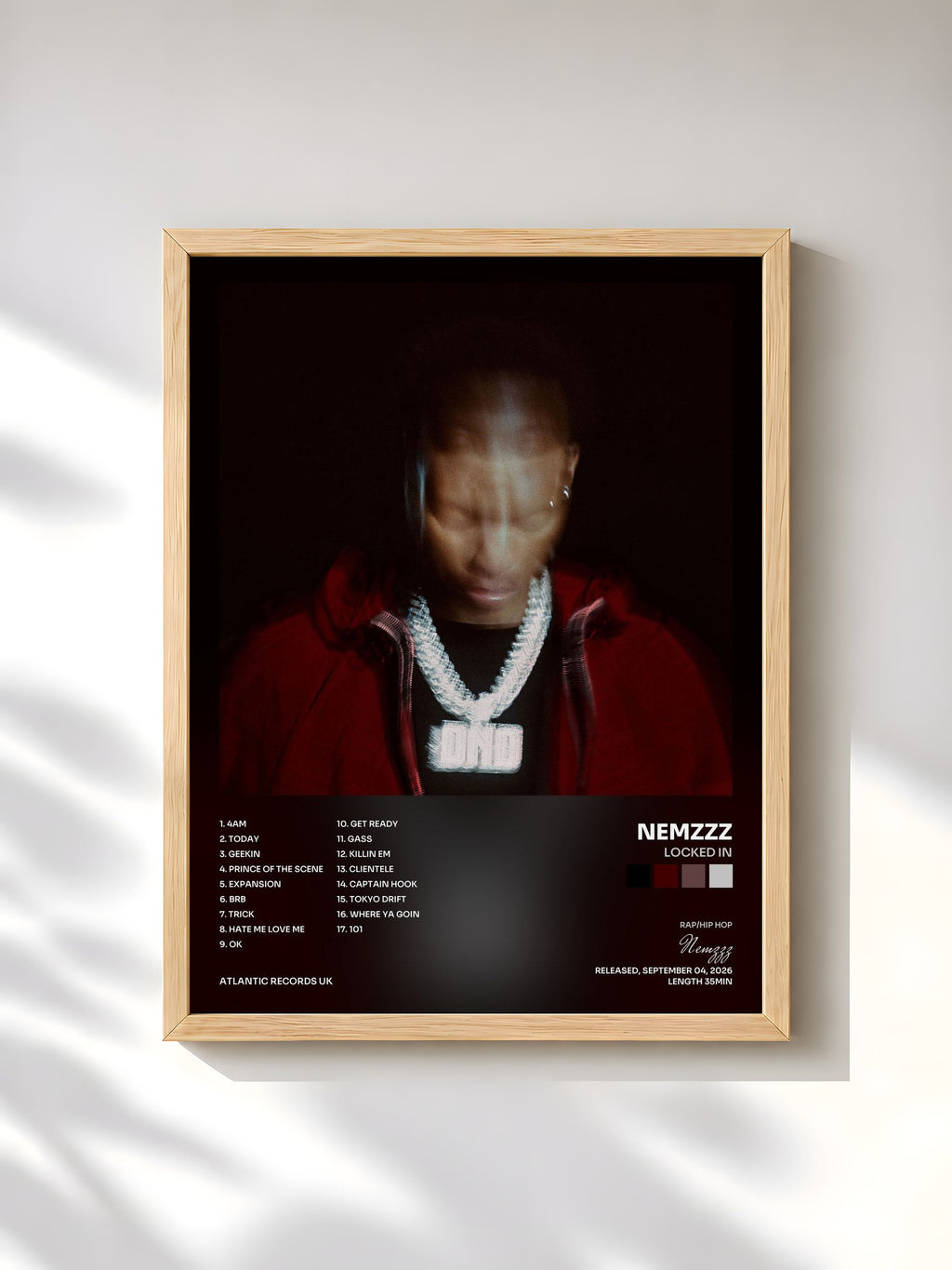 #bois Tableau de l'album LOCKED IN de Nemzzz, cadre en bois brut, imprimé et encadré en France