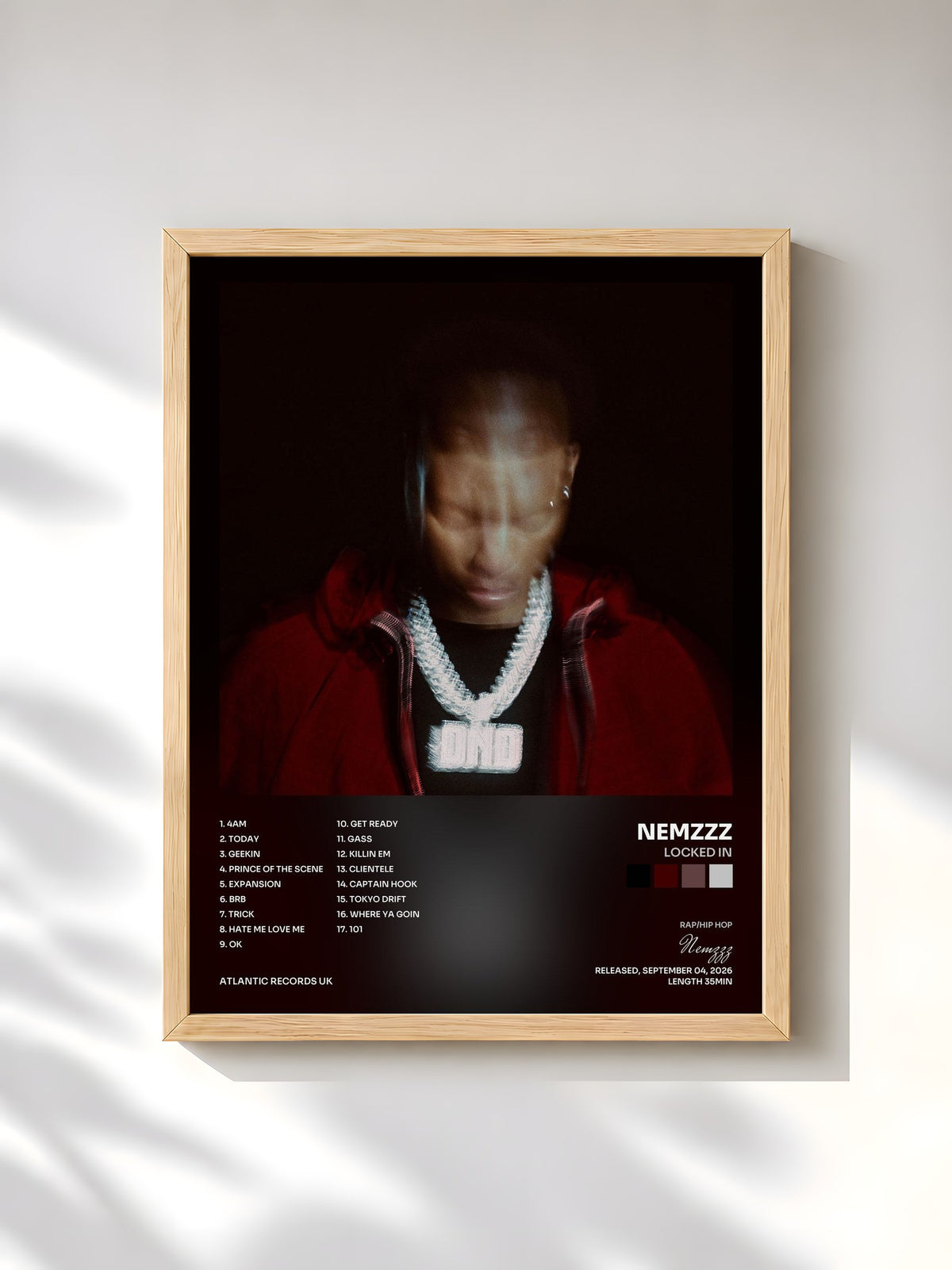 #bois Tableau de l'album LOCKED IN de Nemzzz, cadre en bois brut, imprimé et encadré en France