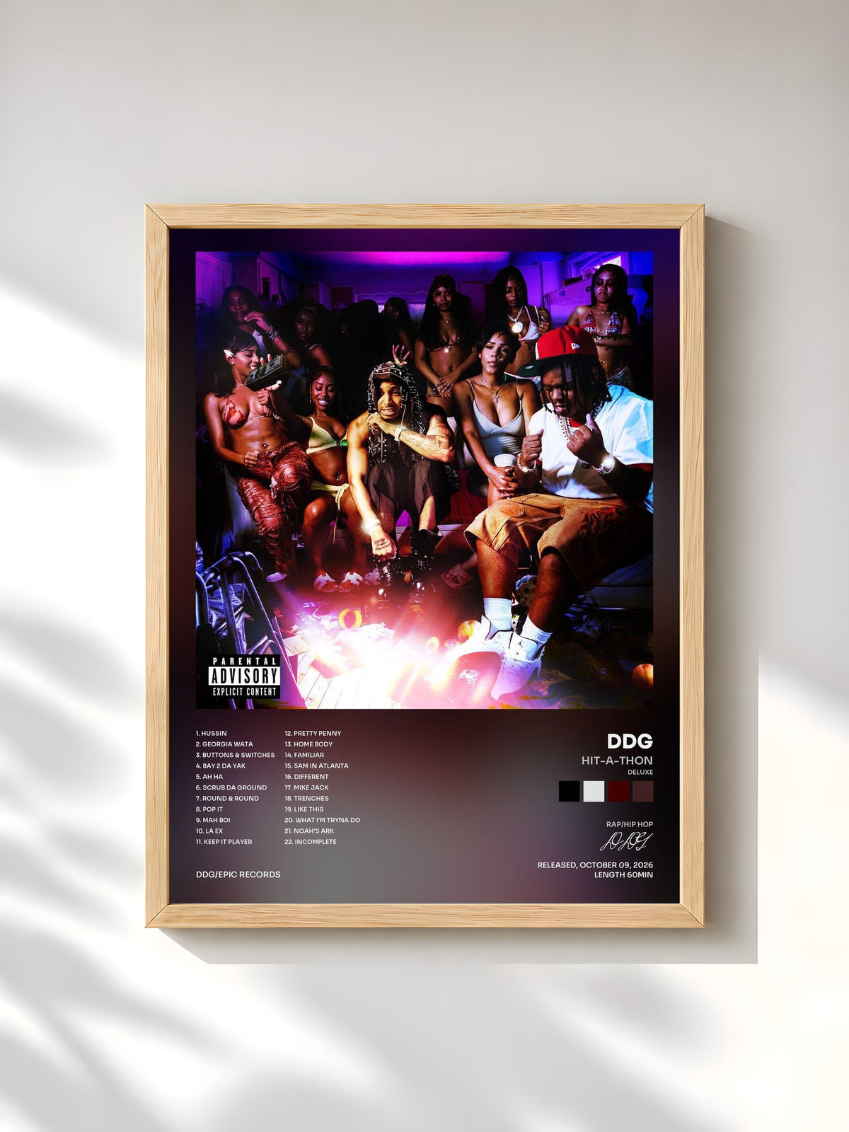 #bois Tableau de l'album HIT-A-THON (Deluxe) de DDG, cadre en bois brut, imprimé et encadré en France