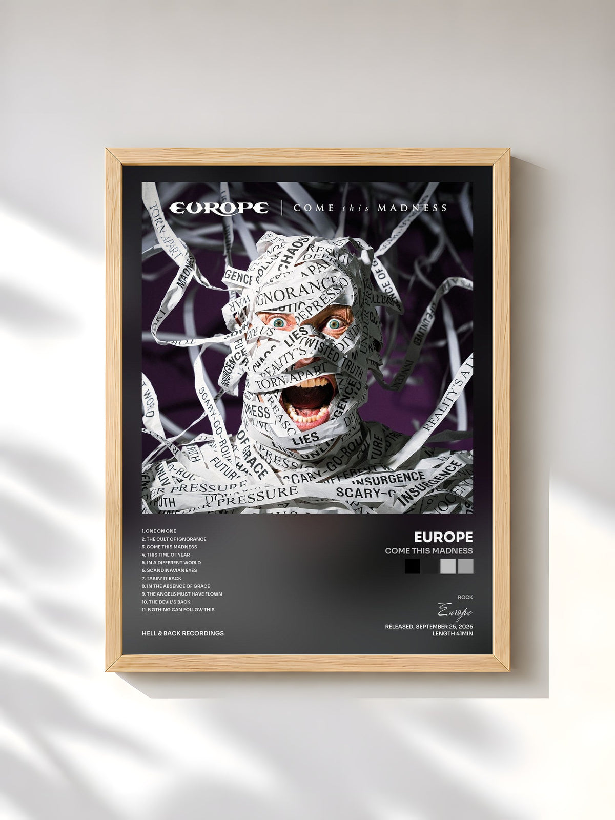 #bois Tableau de l'album Come This Madness de Europe, cadre en bois brut, imprimé et encadré en France