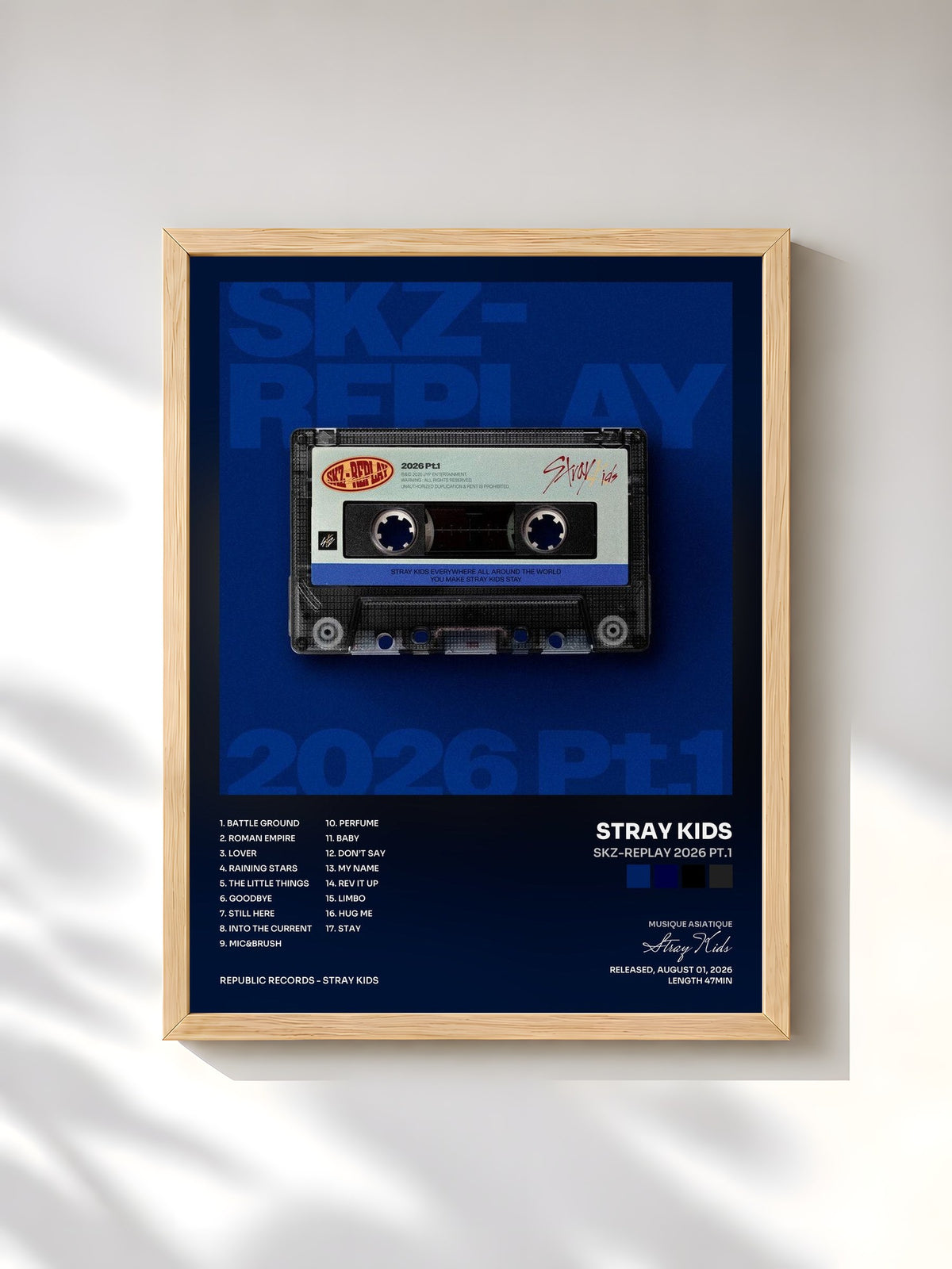 #bois Tableau de l'album SKZ-REPLAY 2026 Pt.1 de Stray Kids, cadre en bois brut, imprimé et encadré en France