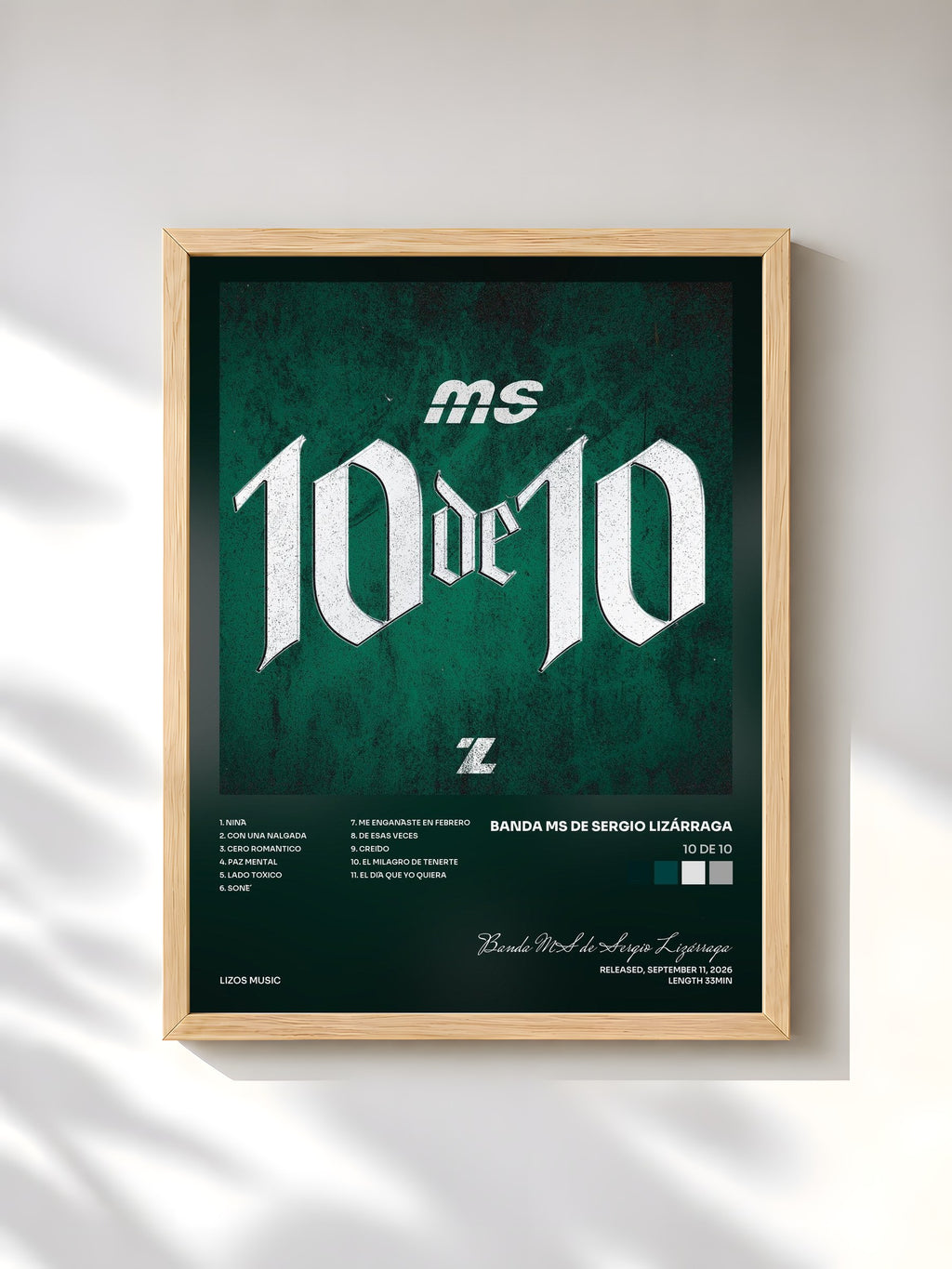 #bois Tableau de l'album 10 de 10 de Banda MS de Sergio Lizárraga, cadre en bois brut, imprimé et encadré en France