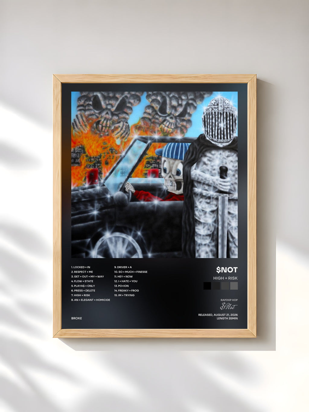 #bois Tableau de l'album HIGH + RISK de $Not, cadre en bois brut, imprimé et encadré en France